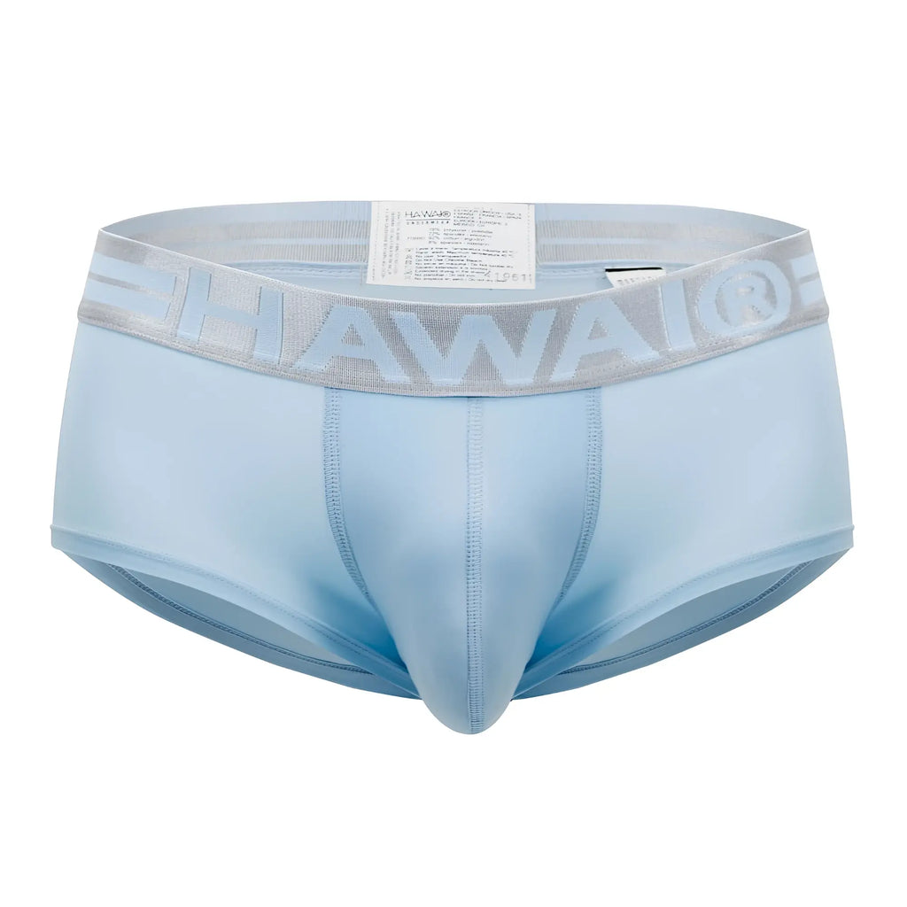 Light blue Hawai 41961 microfiber men’s briefs with gray elastic waistband featuring raised Hawaii logo