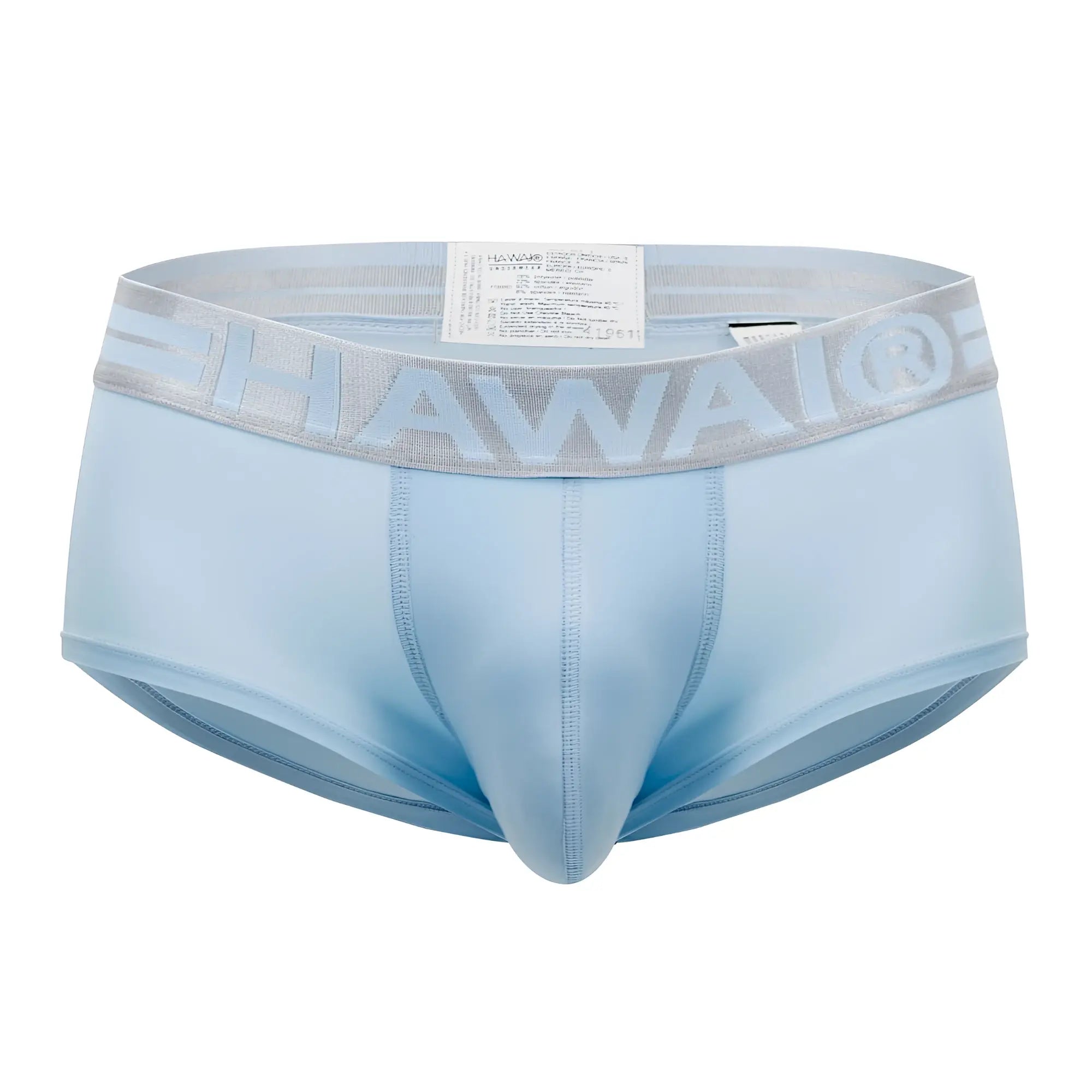 Light blue Hawai 41961 microfiber men’s briefs with gray elastic waistband featuring raised Hawaii logo