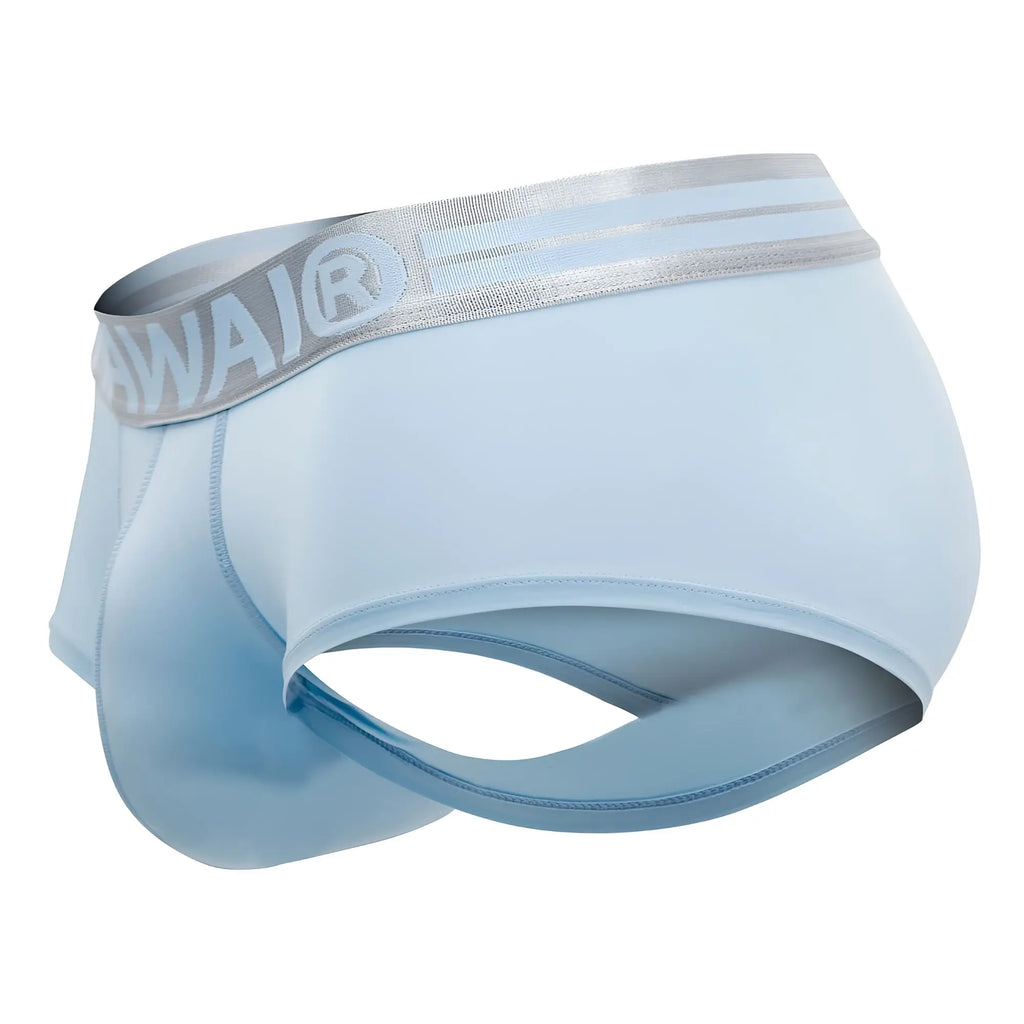 Light blue hawaijr microfiber men’s briefs with silver elastic waistband featuring the awaijr logo