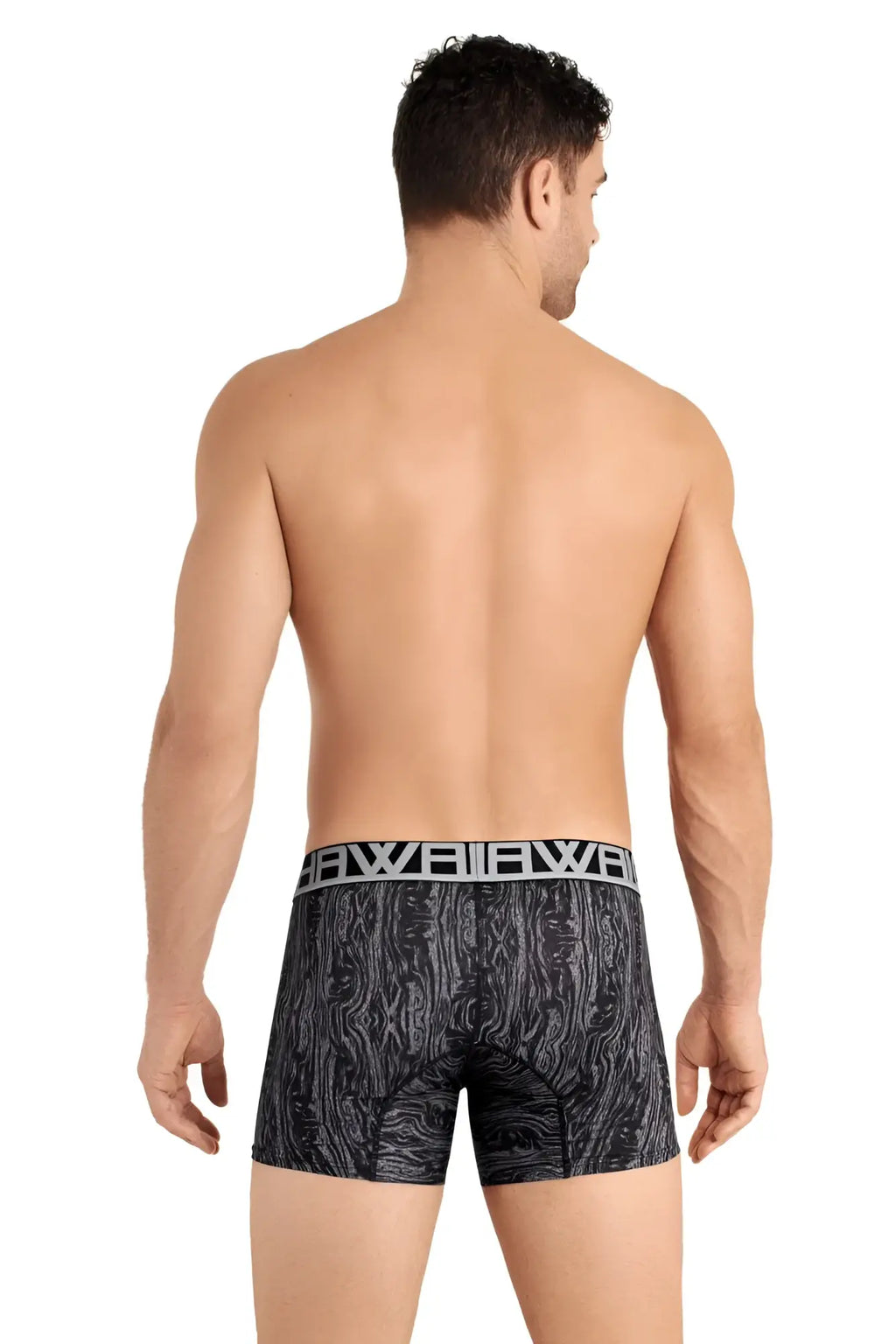 Black bowie boxer briefs with gray wood grain pattern and white elastic waistband in hawai 42021 trunks gray color