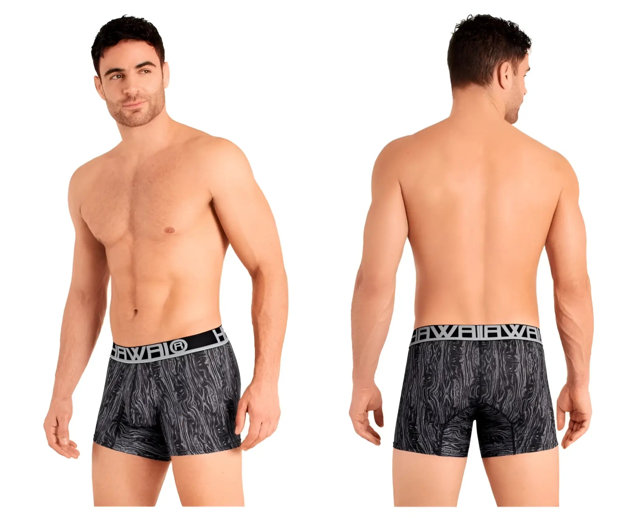 Black and gray patterned boxer briefs with white bibl logo waistband in HAWAI 42021 trunks color gray