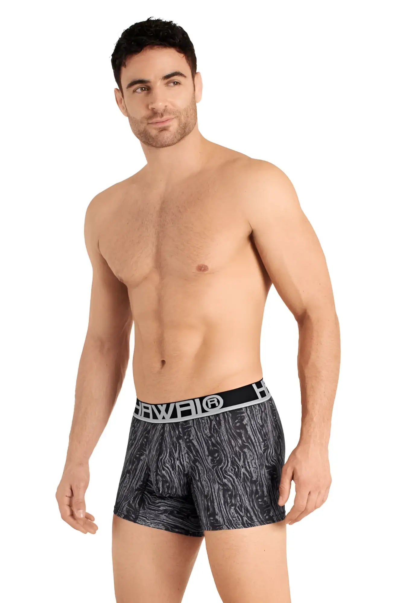 Black and gray patterned hawai 42021 trunks boxer briefs with a white hawai logo on the waistband