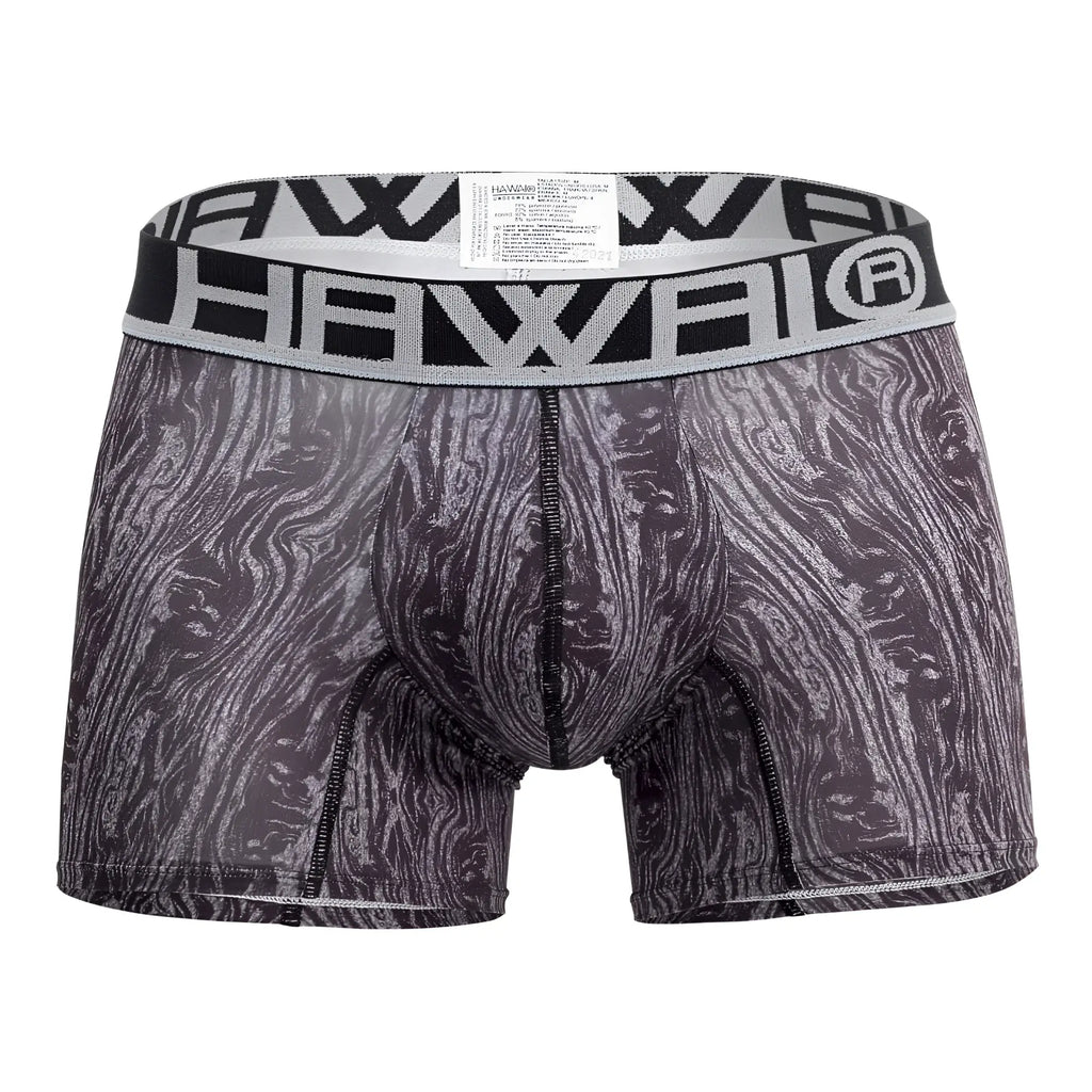 Gray black patterned men’s boxer briefs with bold hawaii waistband in HAWAI 42021 trunks color gray design