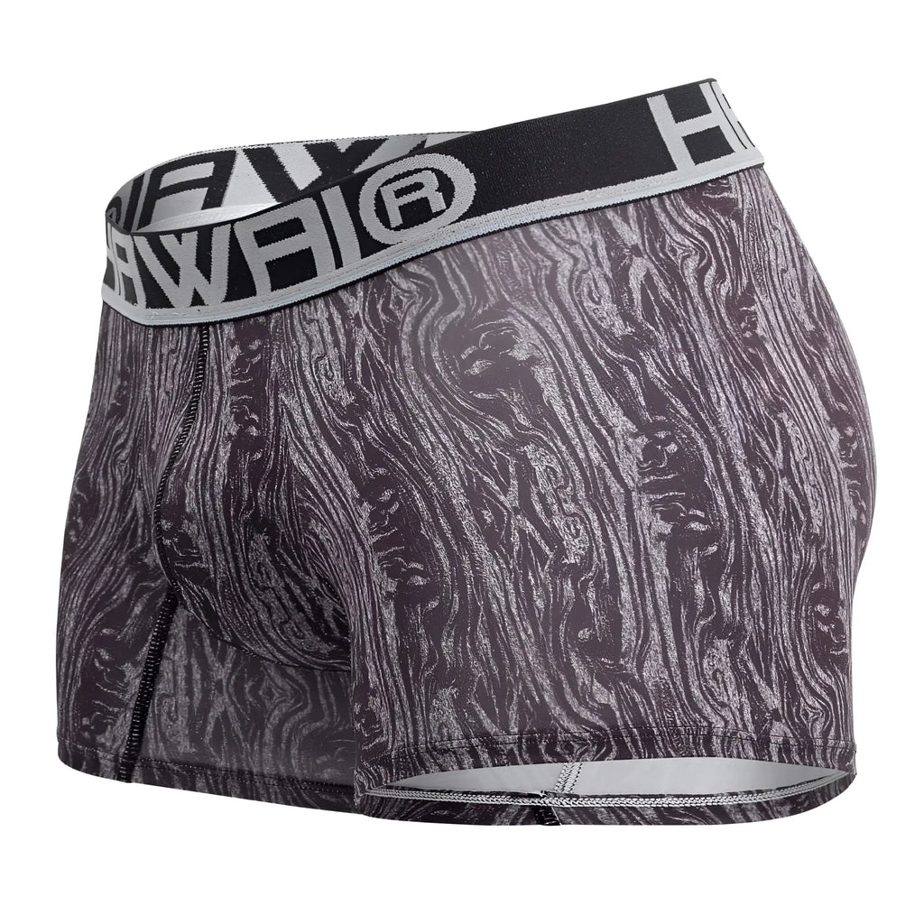 Hawai 42021 trunks gray black and gray wood grain patterned boxer briefs with branded elastic waistband