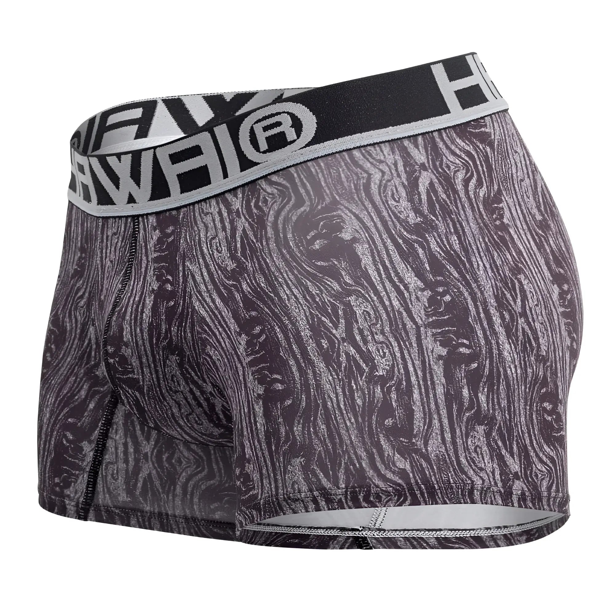 Hawai 42021 trunks gray black and gray wood grain patterned boxer briefs with branded elastic waistband