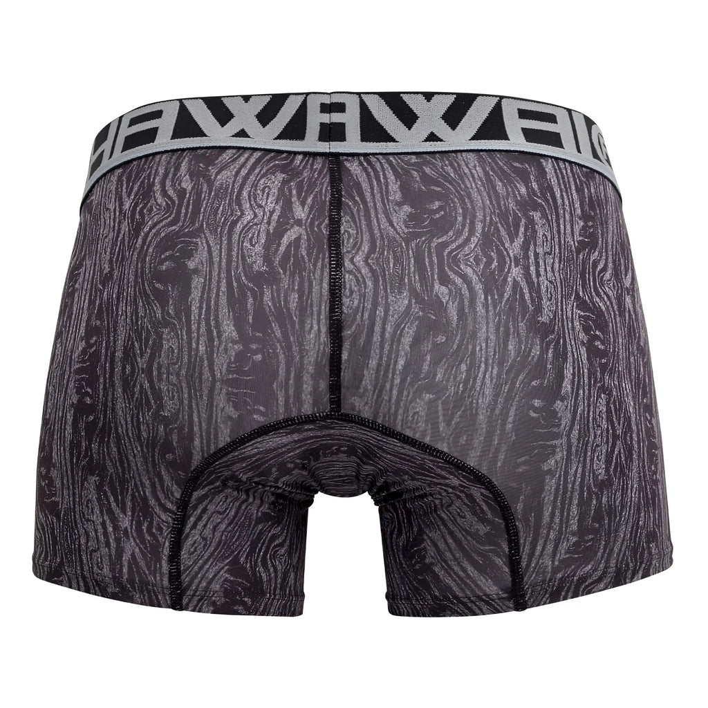 Hawai 42021 gray trunks with black and gray wood-grain pattern and silver elastic waistband featuring brand name