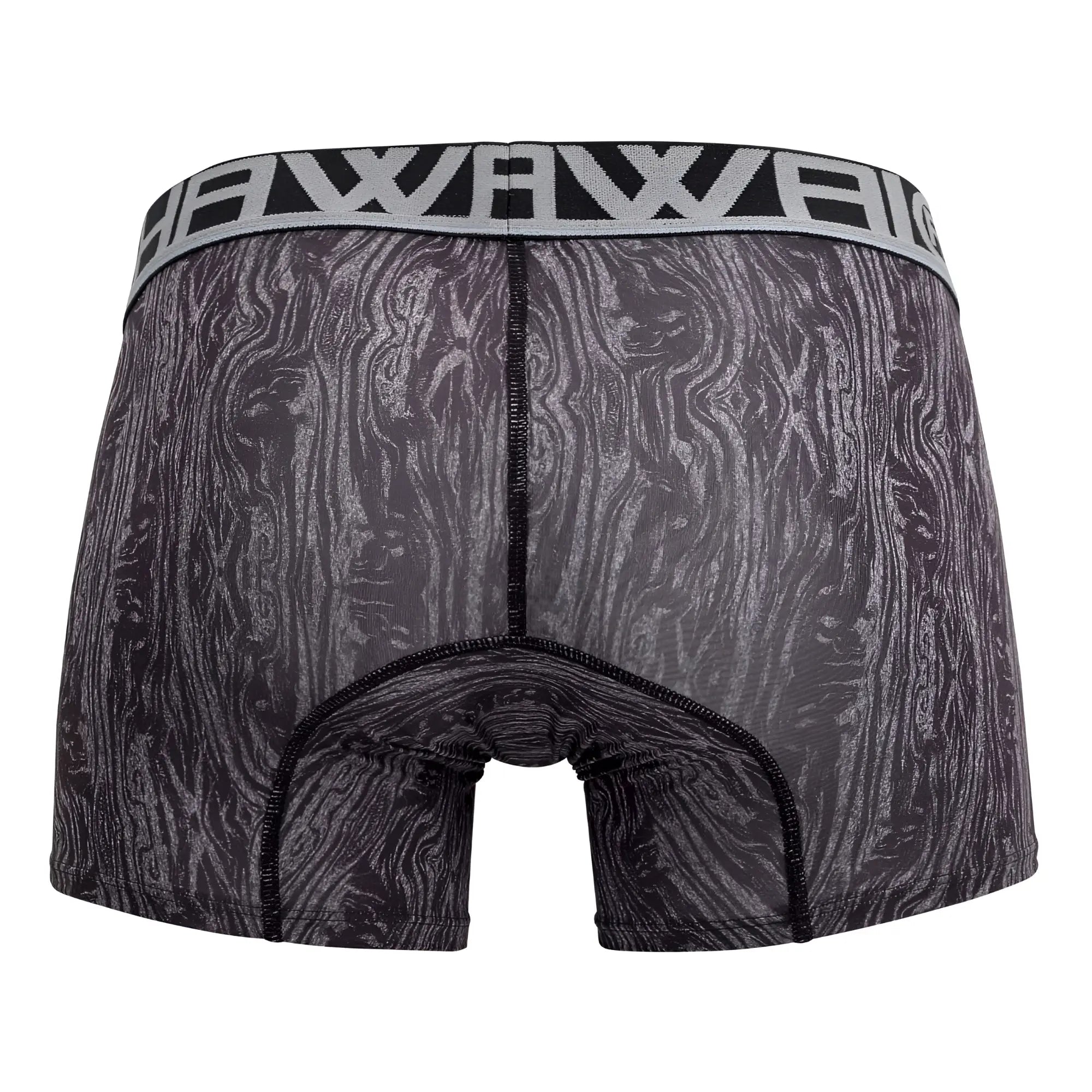 Hawai 42021 gray trunks with black and gray wood-grain pattern and silver elastic waistband featuring brand name