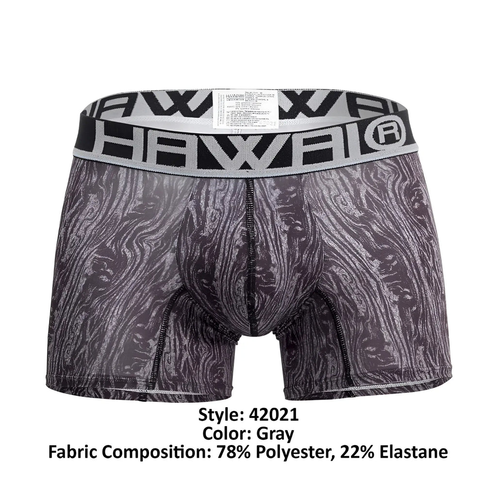 Gray hawaii 42021 trunks boxer briefs with black and white wood grain pattern and elastic hawaii waistband