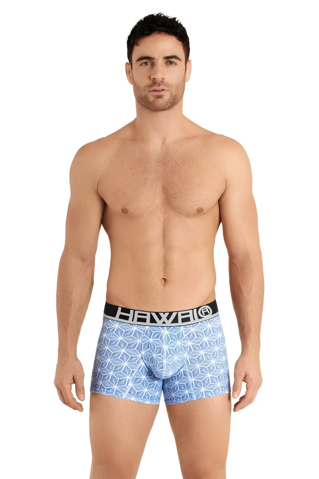 Light blue hawaii 42022 trunks boxer briefs with geometric pattern and black waistband for comfortable wear