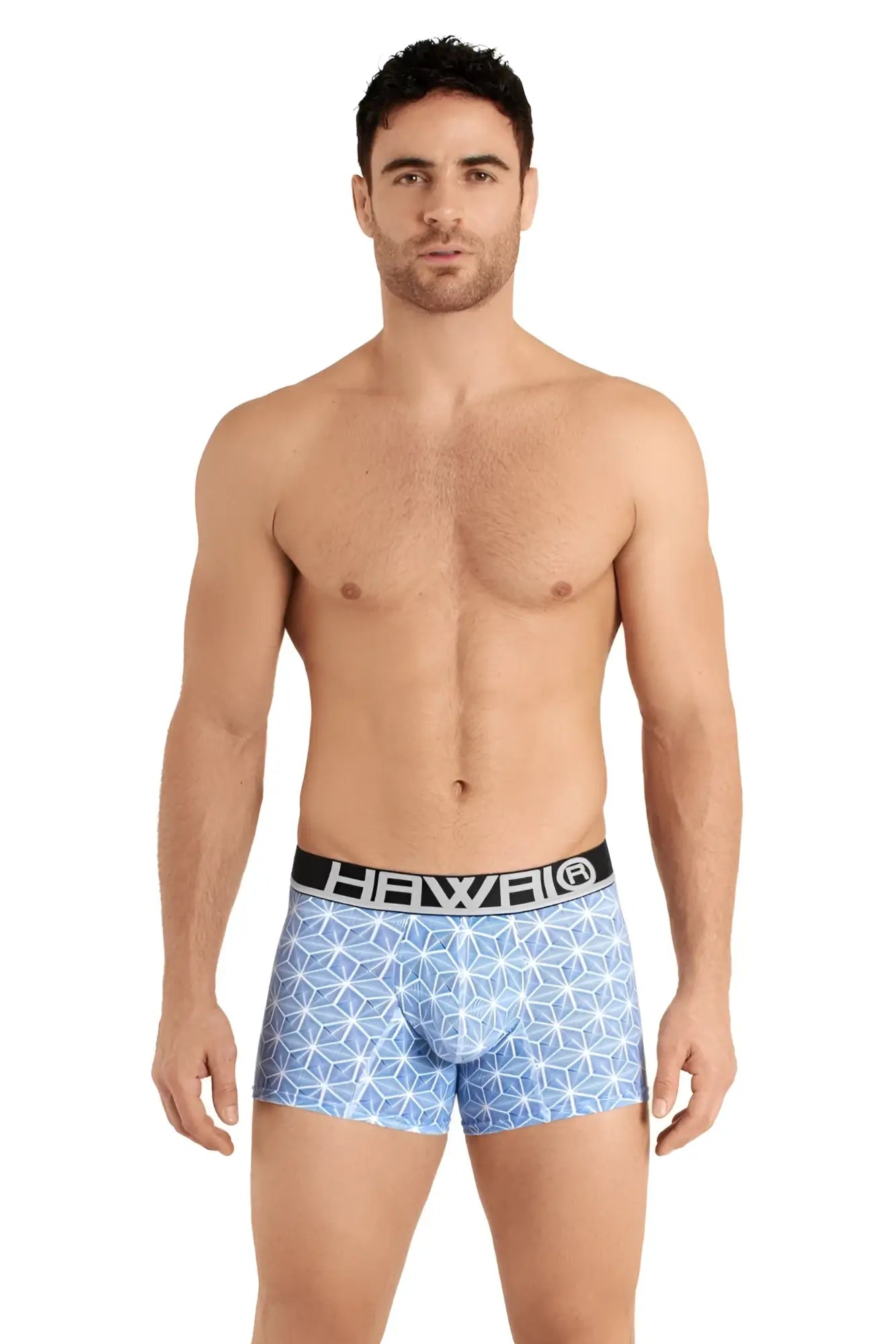 Light blue hawaii 42022 trunks boxer briefs with geometric pattern and black waistband for comfortable wear