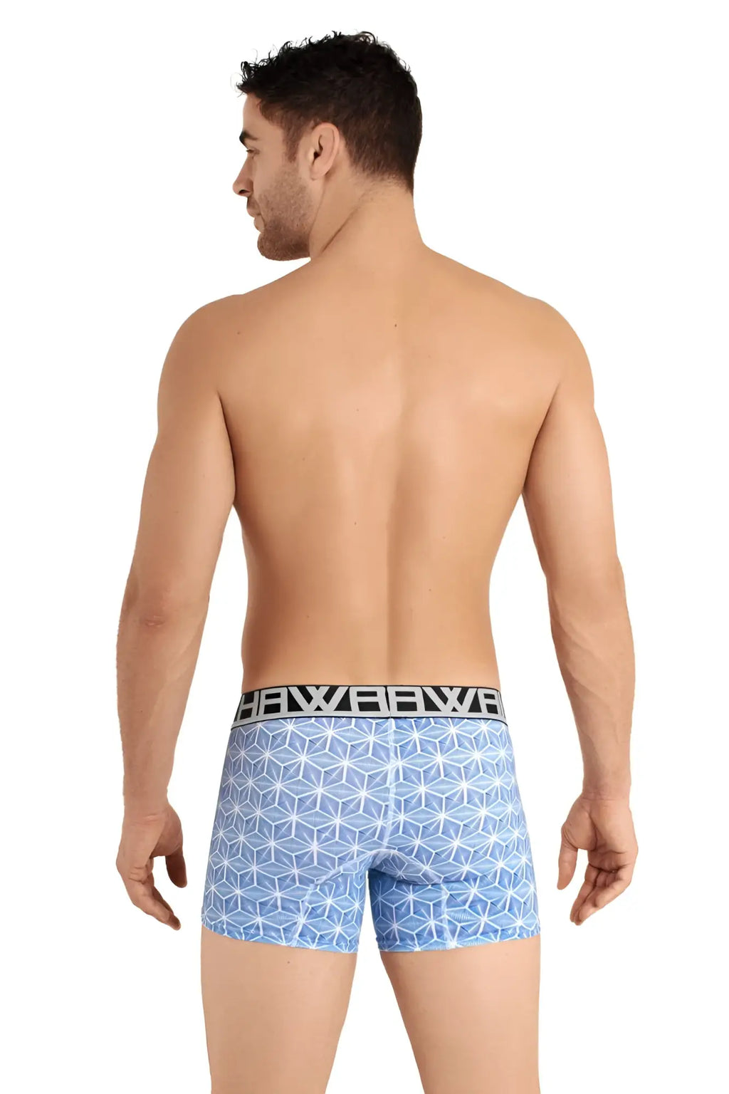 Light blue hawai 42022 trunks boxer briefs with geometric pattern and black hawb logo waistband