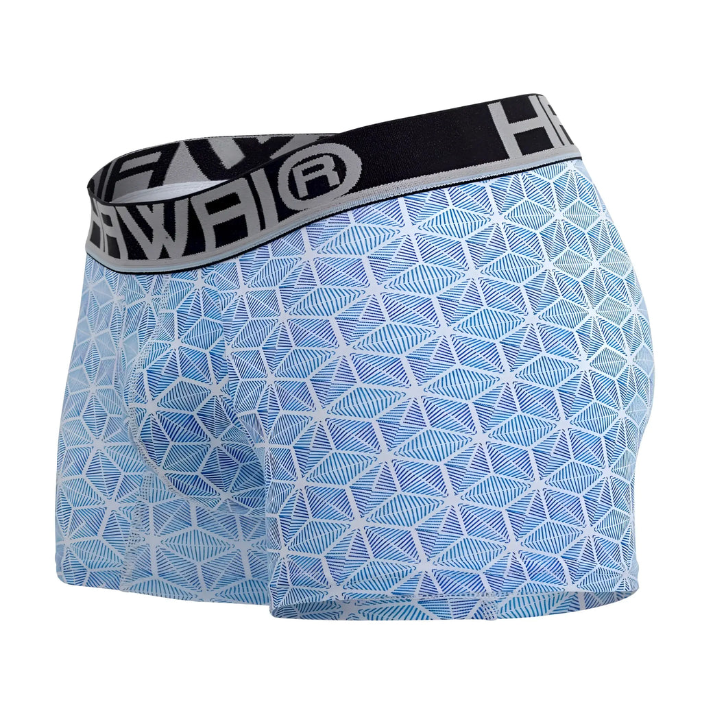 Light blue HAWAI 42022 trunks with geometric star pattern and black elastic waistband featuring brand logo