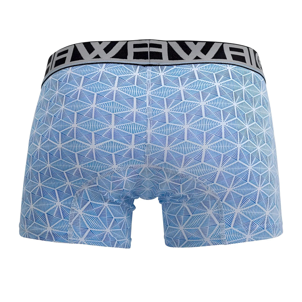 Blue patterned trunks hawai 42022 with geometric design and black elastic waistband featuring white lettering