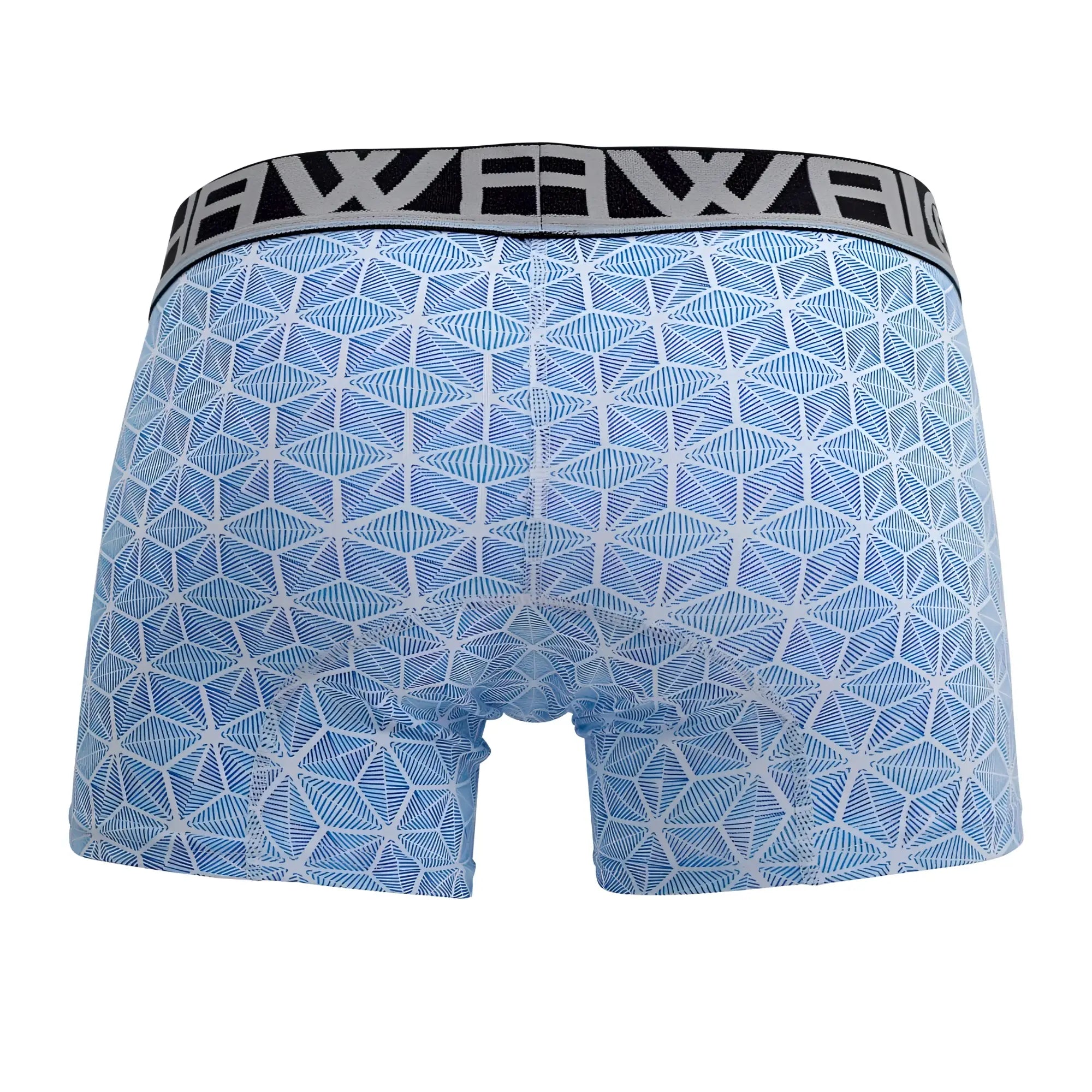 Blue patterned trunks hawai 42022 with geometric design and black elastic waistband featuring white lettering