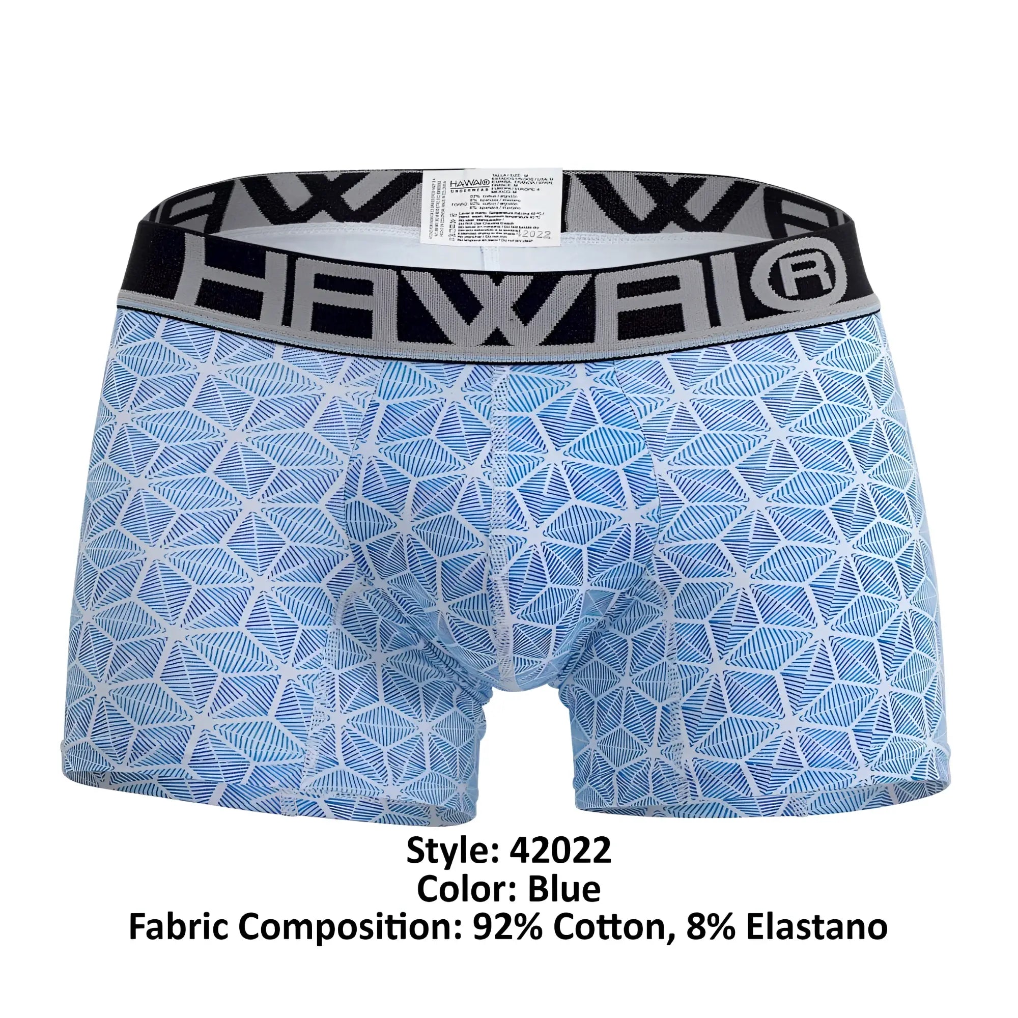 Blue patterned boxer briefs with geometric design and black waistband featuring hawaii brand logo model 42022 trunks