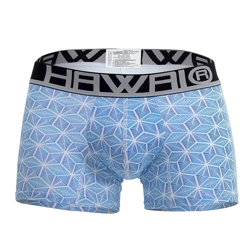 Blue patterned men’s boxer briefs with black and gray elastic waistband featuring the Hawai brand logo