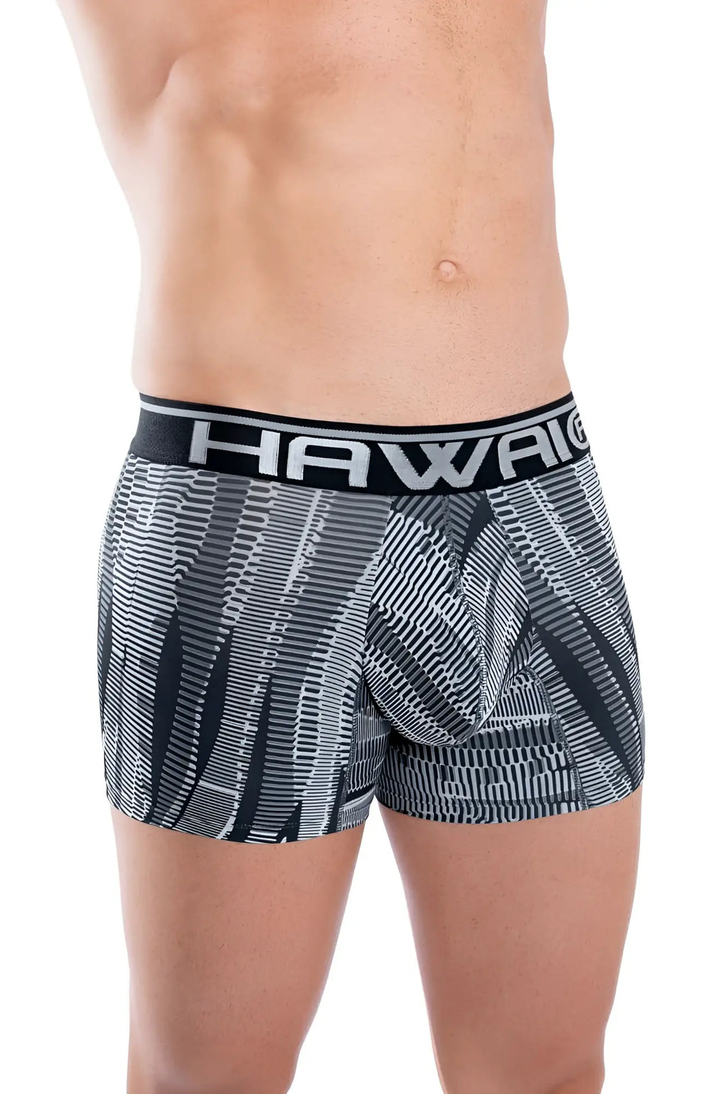 Black and gray patterned men’s boxer briefs with bold hawaii waistband in printed athletic trunks color black