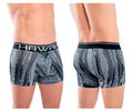 Black and gray patterned men’s athletic boxer briefs with bold hawaii waistband in color black