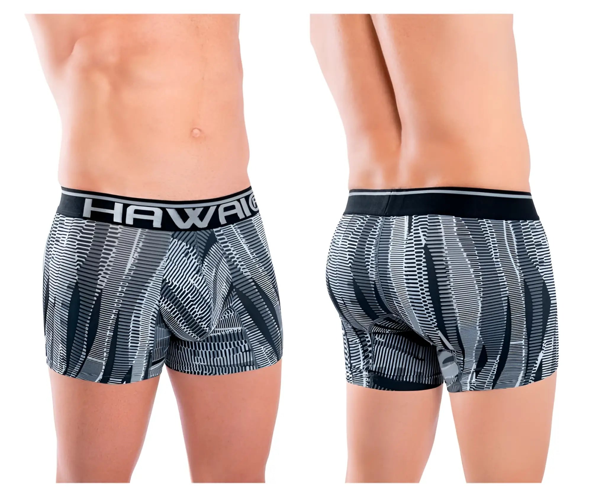 Black and gray patterned men’s athletic boxer briefs with bold hawaii waistband in color black