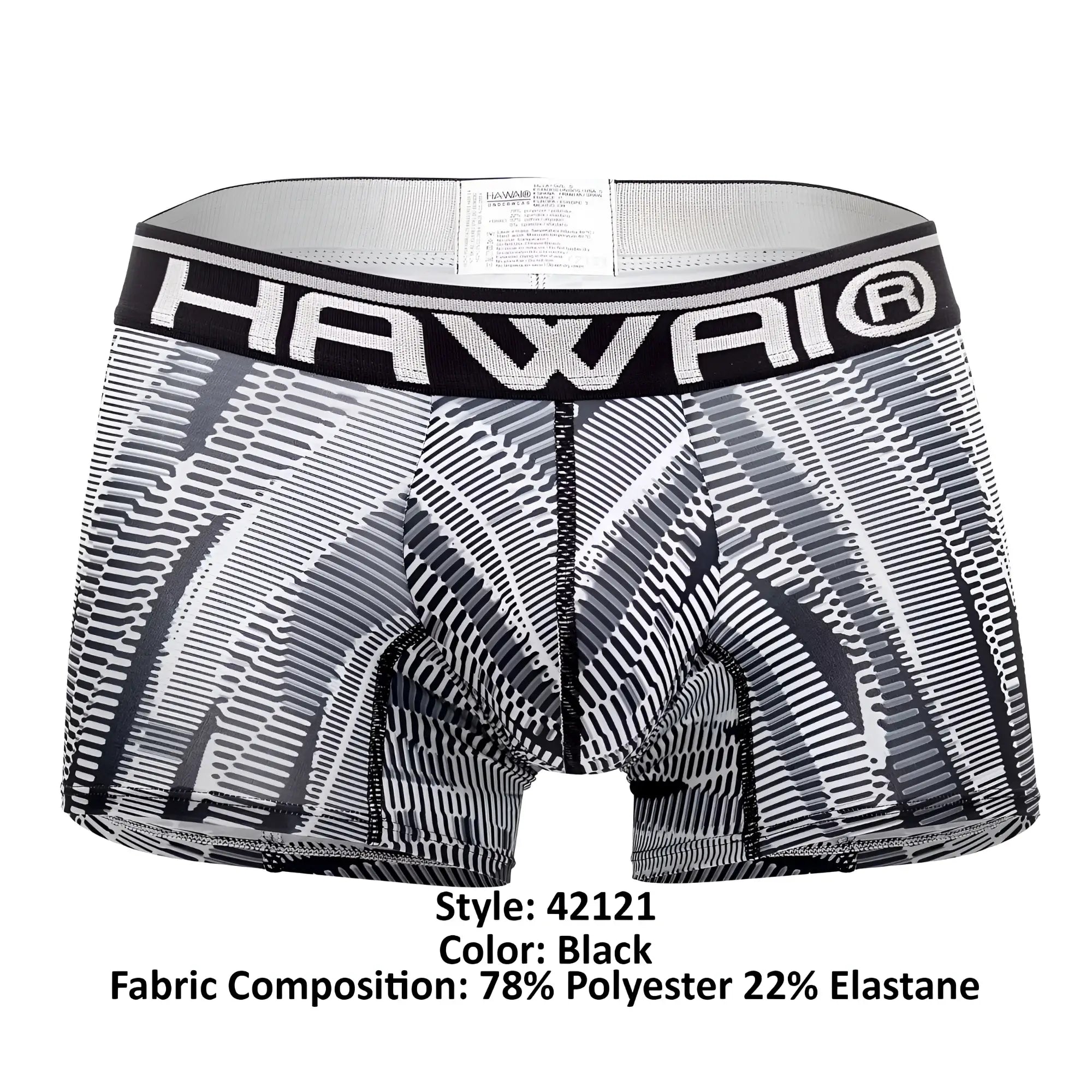 Black and white patterned men’s boxer briefs with bold hawai logo waistband in black athletic trunks design