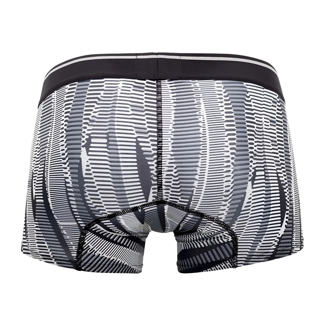 Black and white patterned men’s boxer briefs with concentric lines featuring sleek modern design hawa 42121 printed athletic trunks black