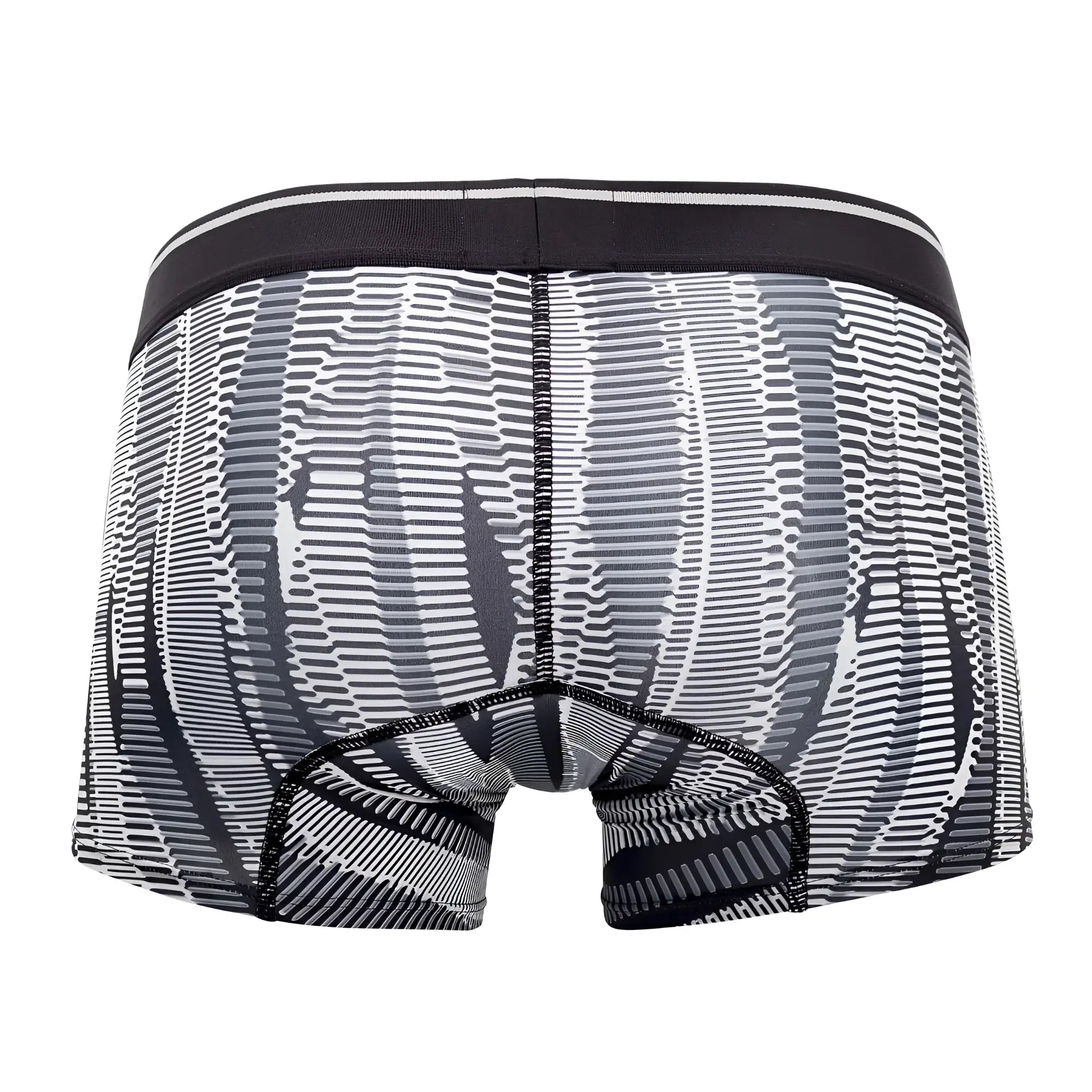 Black and white patterned men’s boxer briefs with concentric lines featuring sleek modern design hawa 42121 printed athletic trunks black