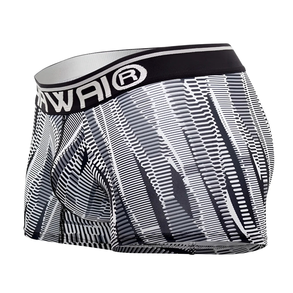 Black and white printed athletic trunks with bold geometric diagonal lines and hawaii waistband in black color