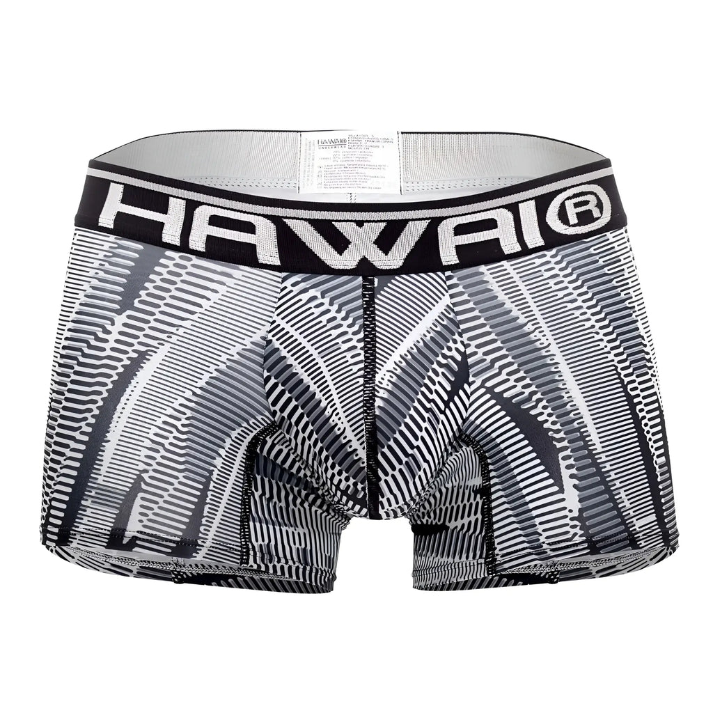 Black and white patterned men’s athletic boxer briefs with bold hawaii logo waistband in color black hawai 42121