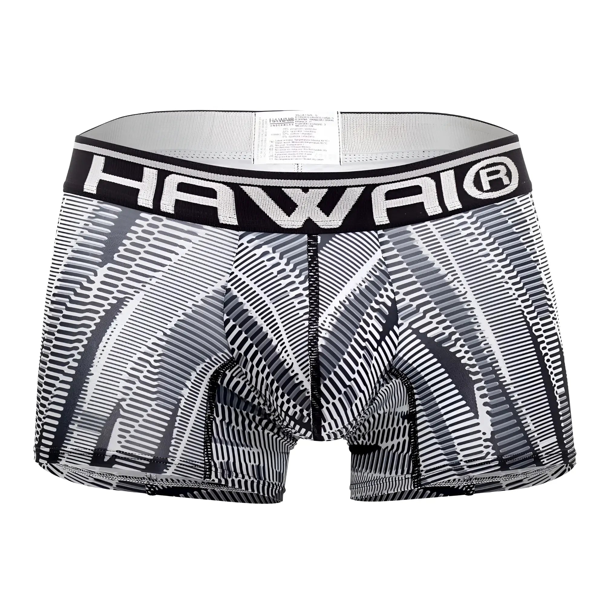 Black and white patterned men’s athletic boxer briefs with bold hawaii logo waistband in color black hawai 42121