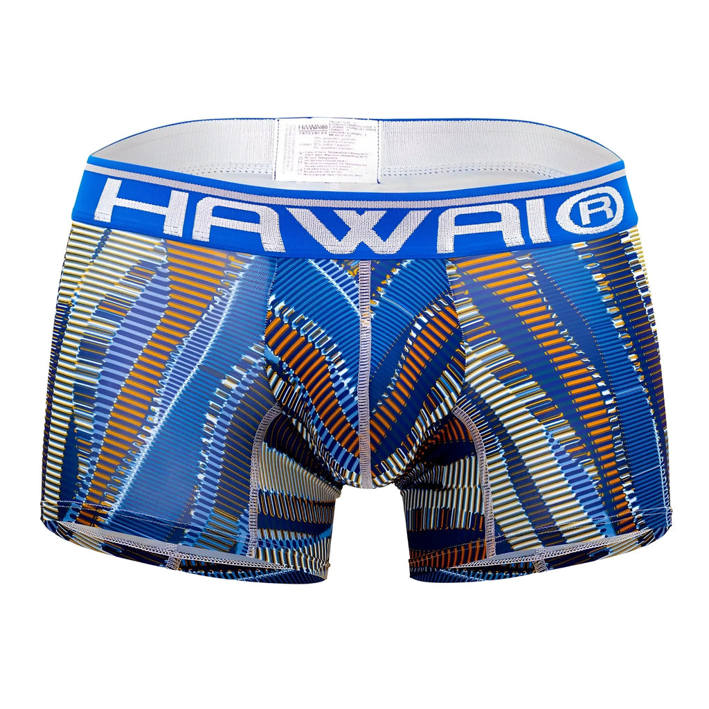 Blue and brown patterned men’s boxer briefs with hawaii waistband for athletic use in royal blue color