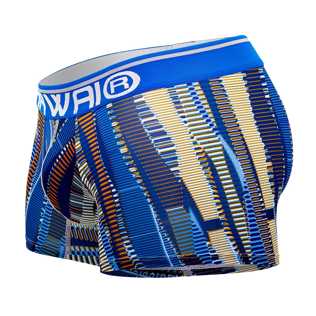 Blue and gold patterned royal blue athletic boxer briefs with hawai logo on waistband for activewear use