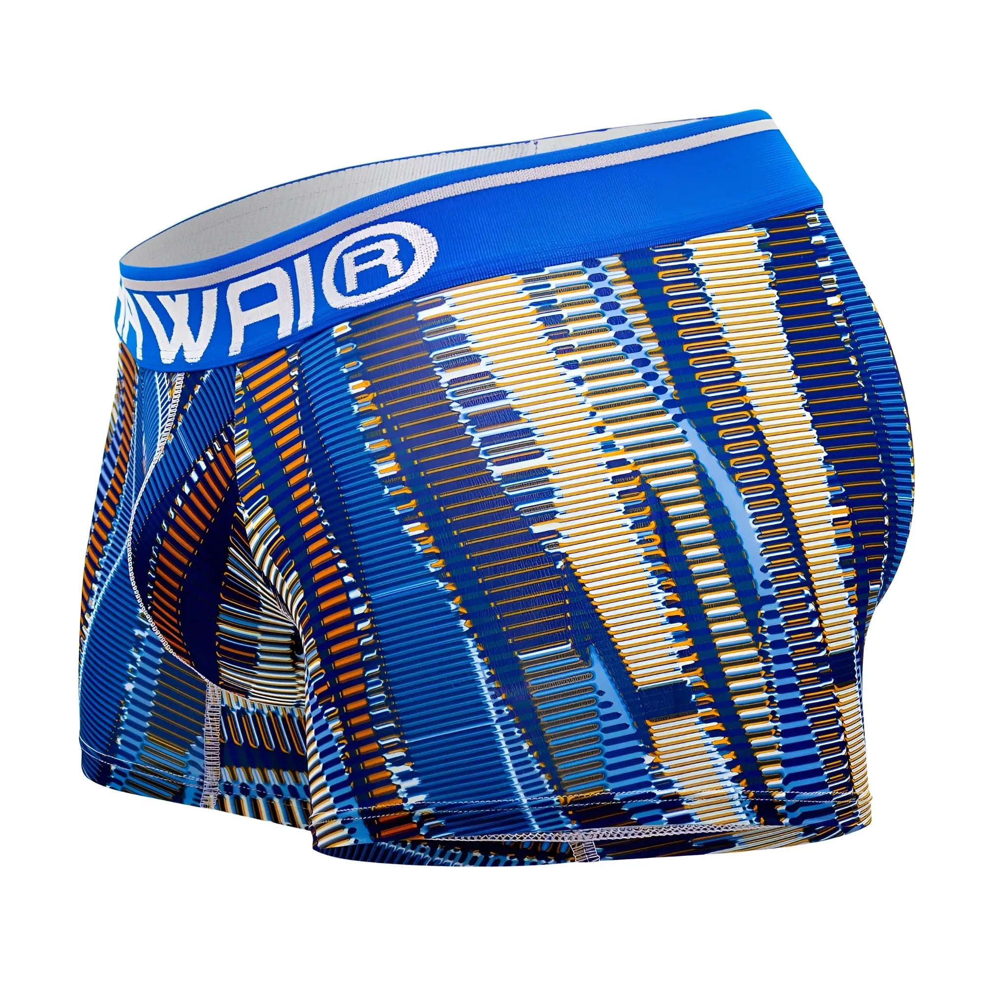 Blue and gold patterned royal blue athletic boxer briefs with hawai logo on waistband for activewear use