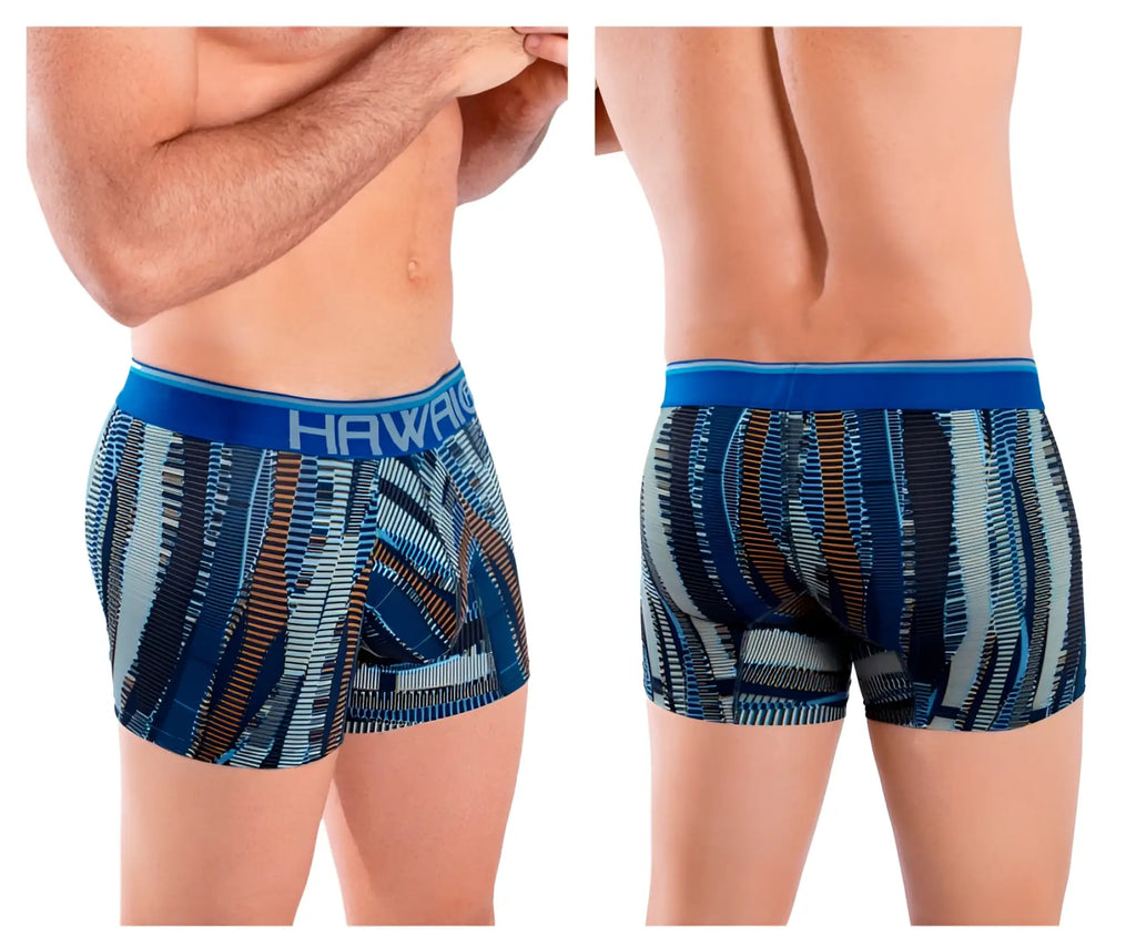 Hawai 42121 printed athletic trunks in royal blue with blue and gray vertical striped abstract design boxer briefs