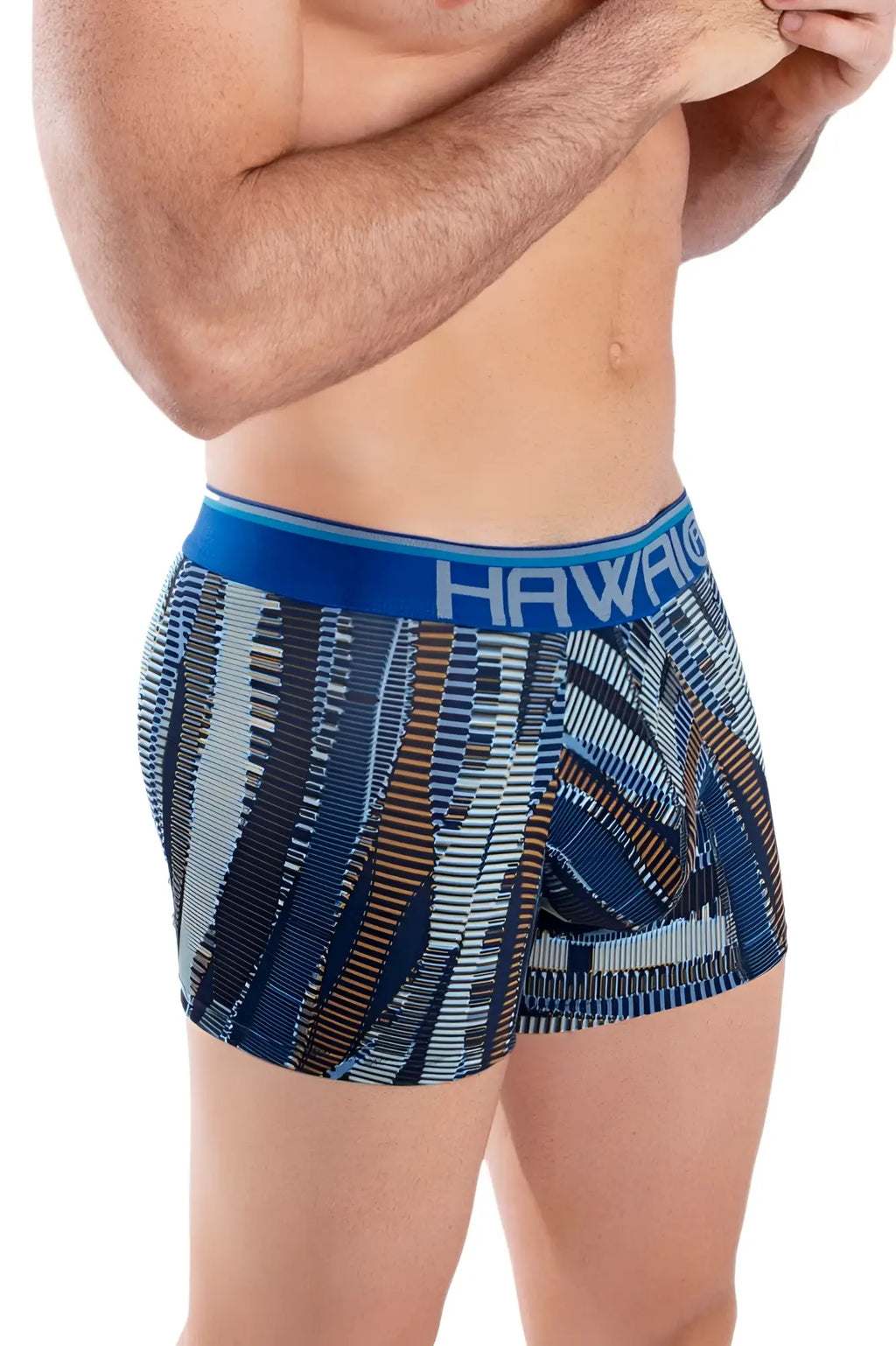 Blue and gray patterned boxer briefs with bold geometric design and hawaii brand on elastic waistband royal blue trunks