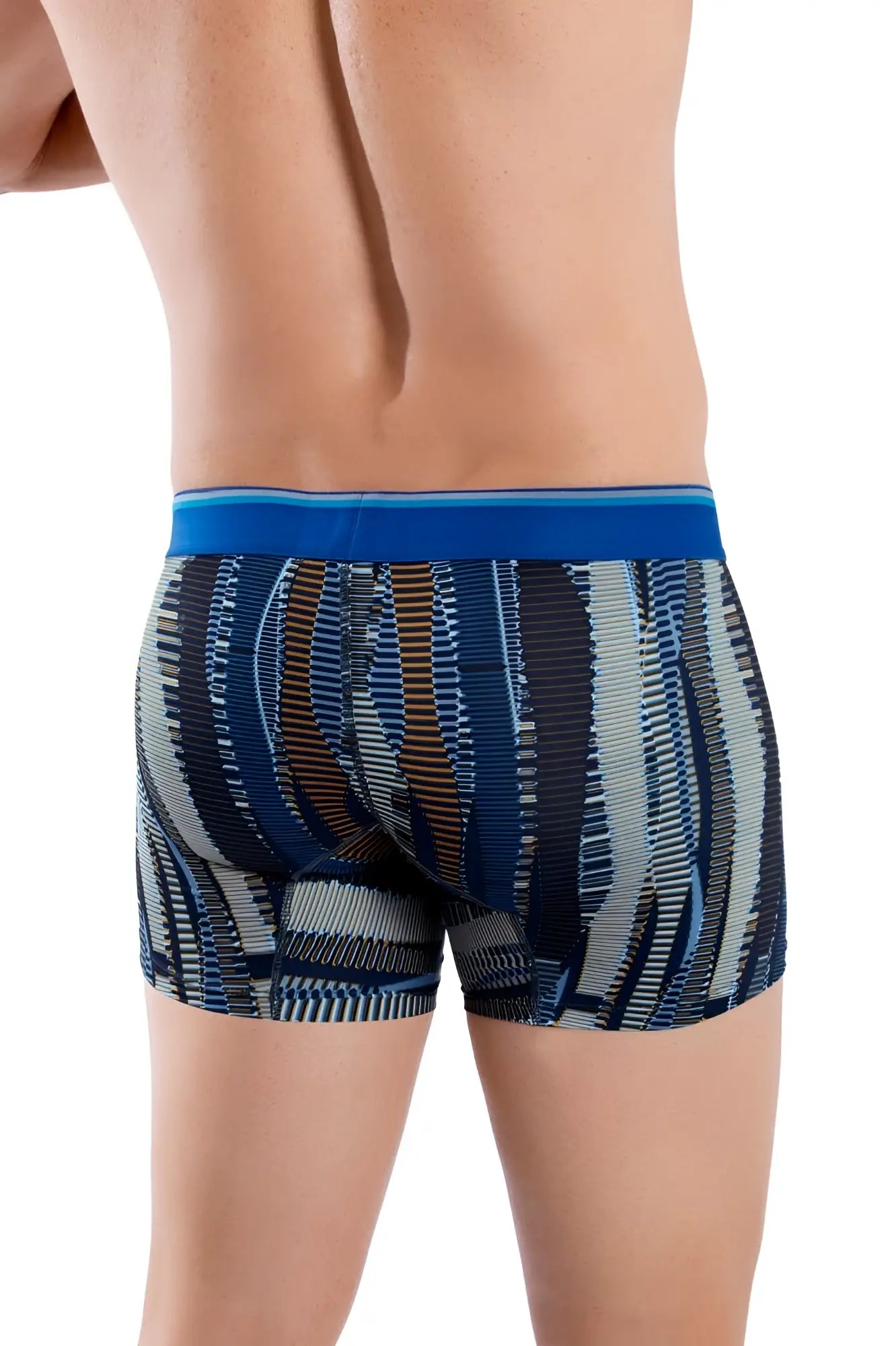 Hawai 42121 printed athletic trunks in royal blue with blue and gray patterned boxer briefs and solid waistband