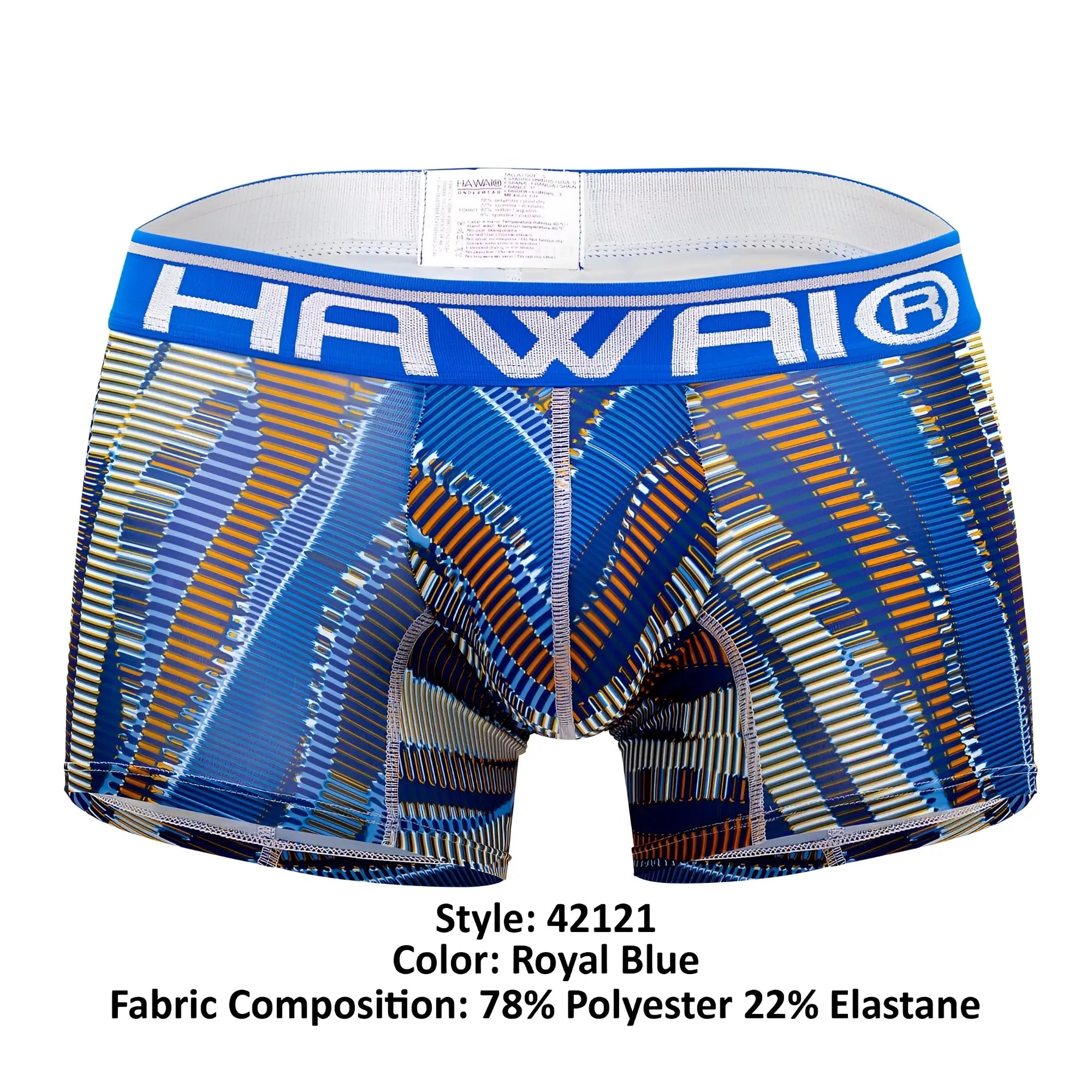 Royal blue hawaiian-themed boxer briefs with bold geometric pattern and elastic waistband for athletic use