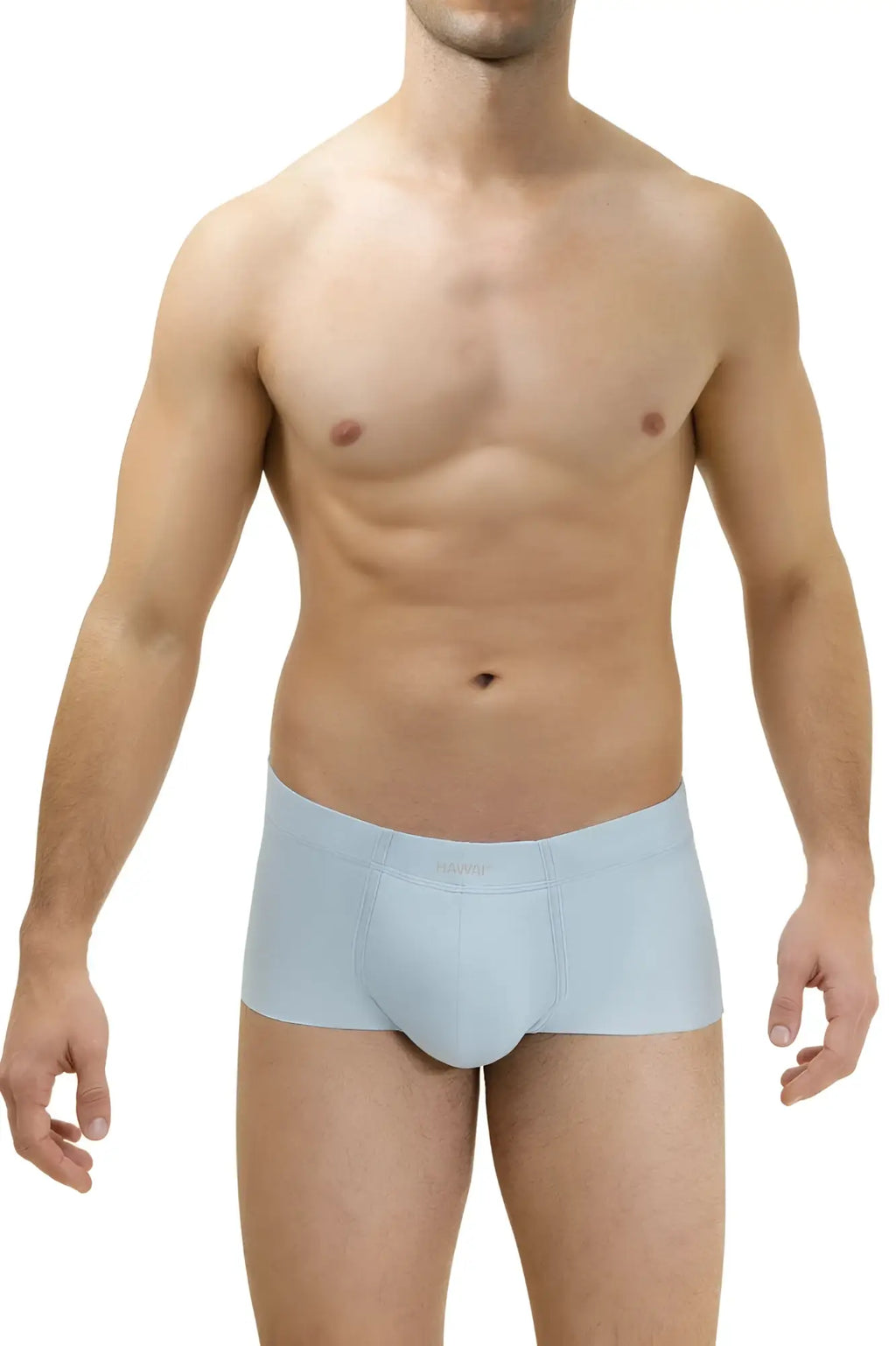Light blue hawaI 42142 microfiber trunks with smooth texture and subtle brand logo on the waistband