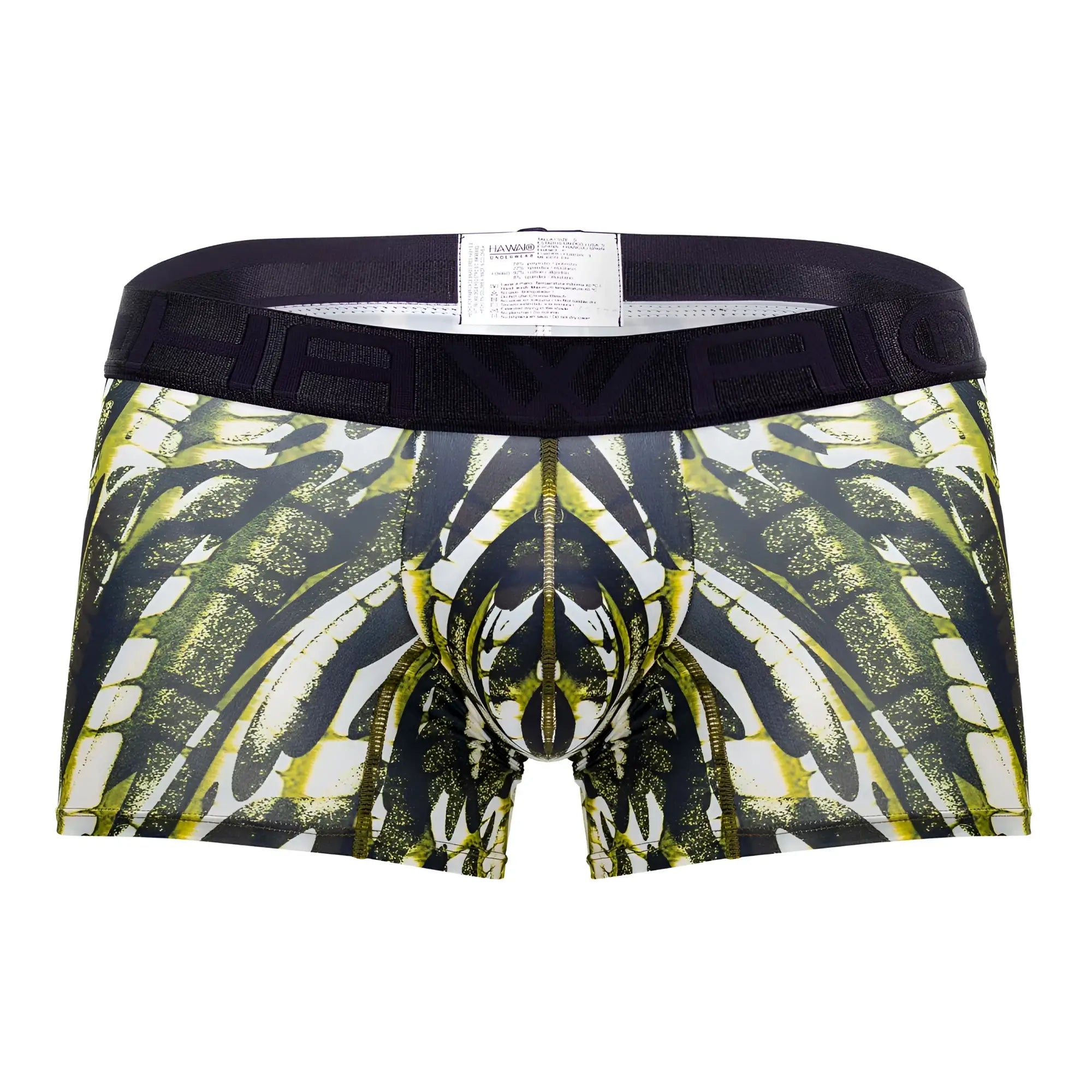 Black and lime green patterned men’s microfiber boxer briefs with wing-like motifs in hawai 42172 military green