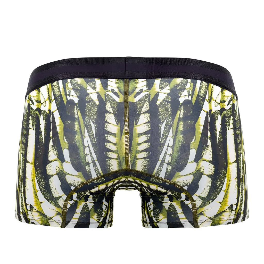 Black and lime green skeleton patterned microfiber boxer briefs with a dark waistband in military green color