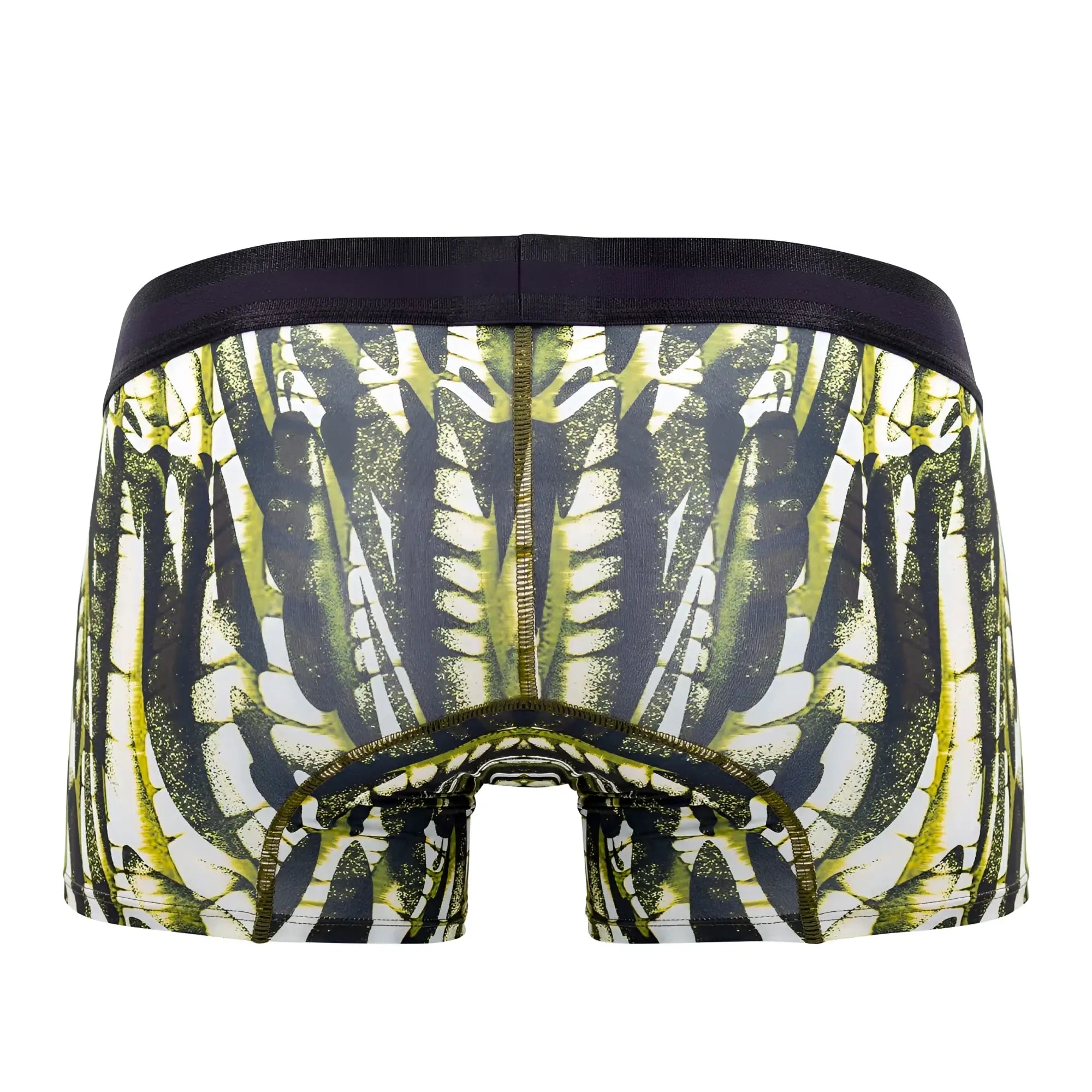 Black and lime green skeleton patterned microfiber boxer briefs with a dark waistband in military green color