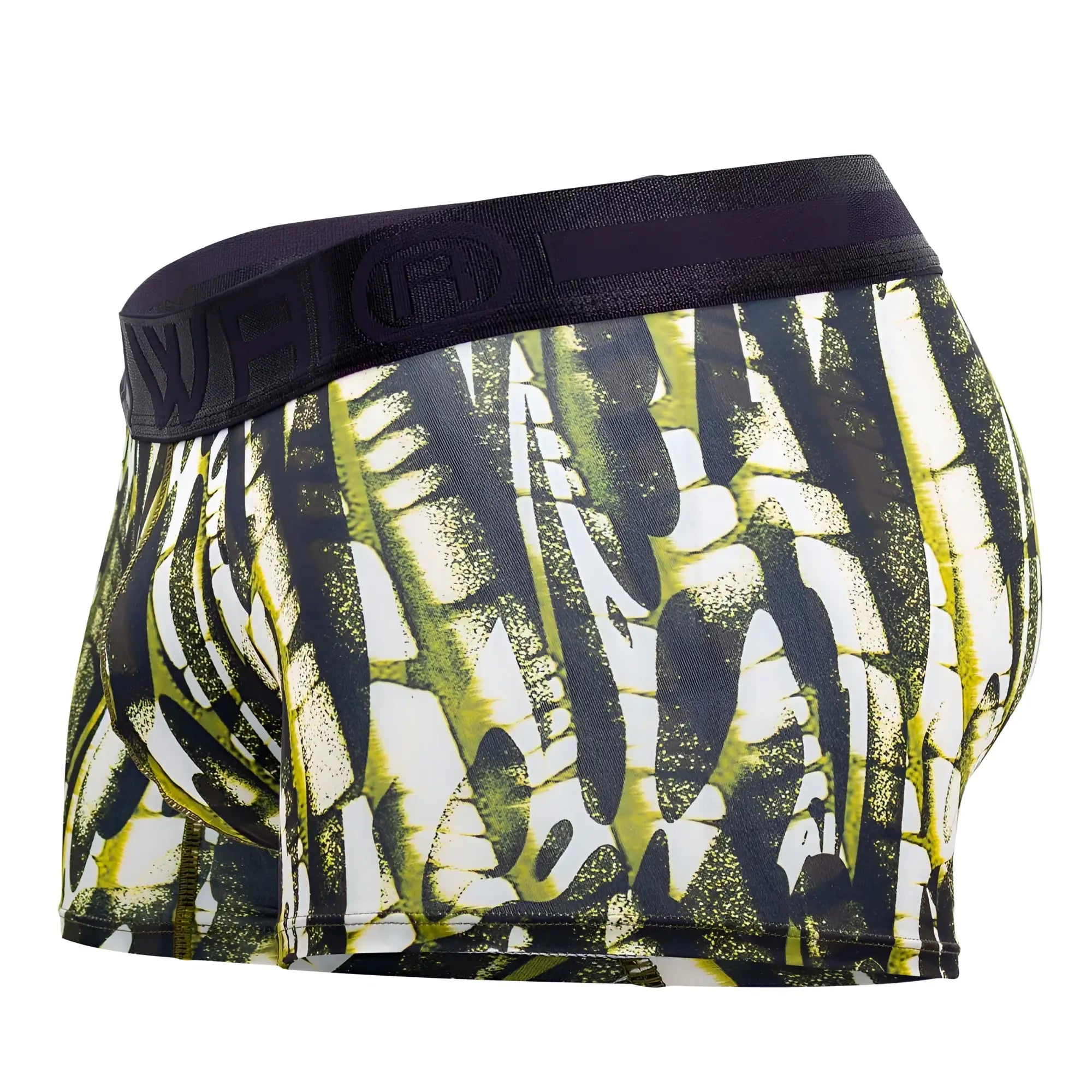 Black and neon green abstract patterned microfiber boxer briefs with black waistband and embossed logo in military green