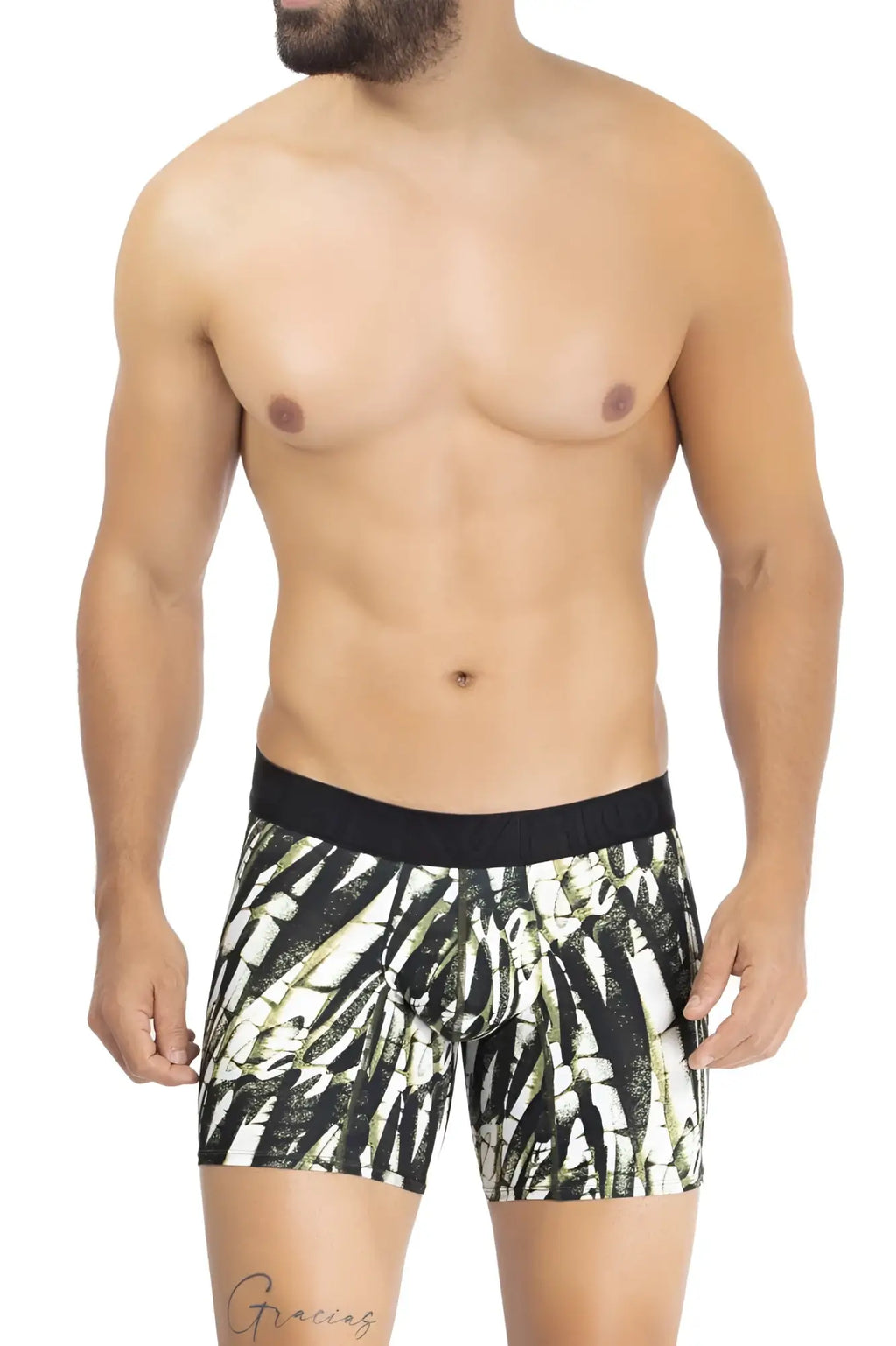 Black and white patterned hawai 42172 printed microfiber trunks in military green with bold abstract leaf design