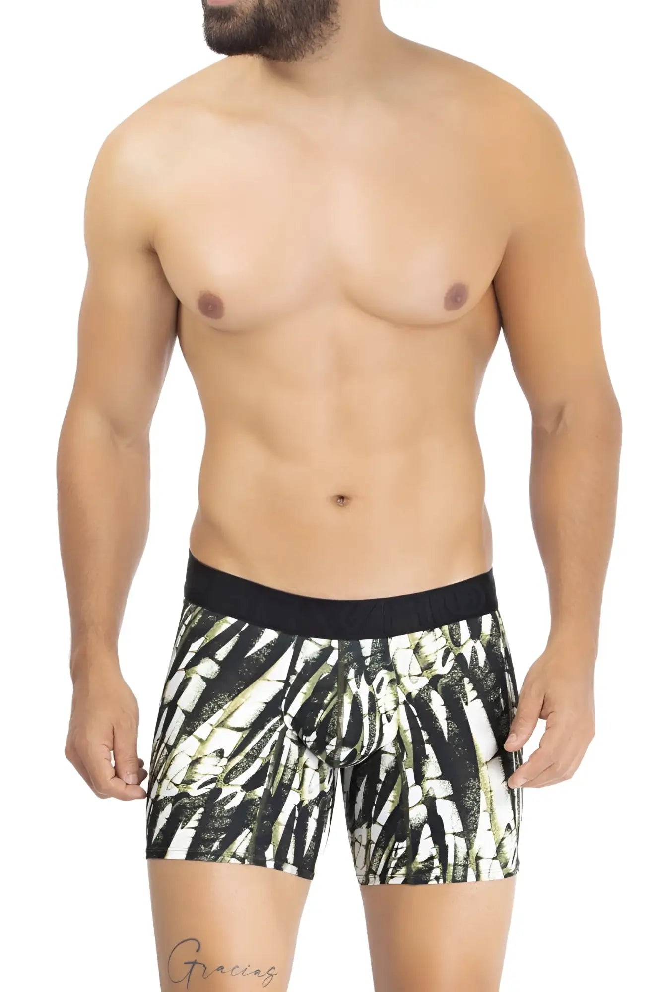 Black and white patterned hawai 42172 printed microfiber trunks in military green with bold abstract leaf design