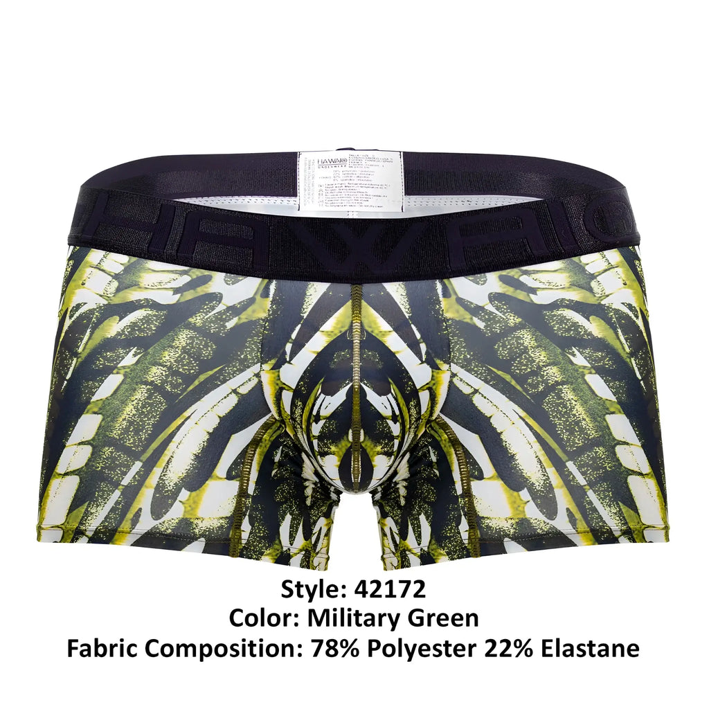 Military green microfiber boxer briefs with a bold black and lime green wing graphic and central zipper detail hawai 42172