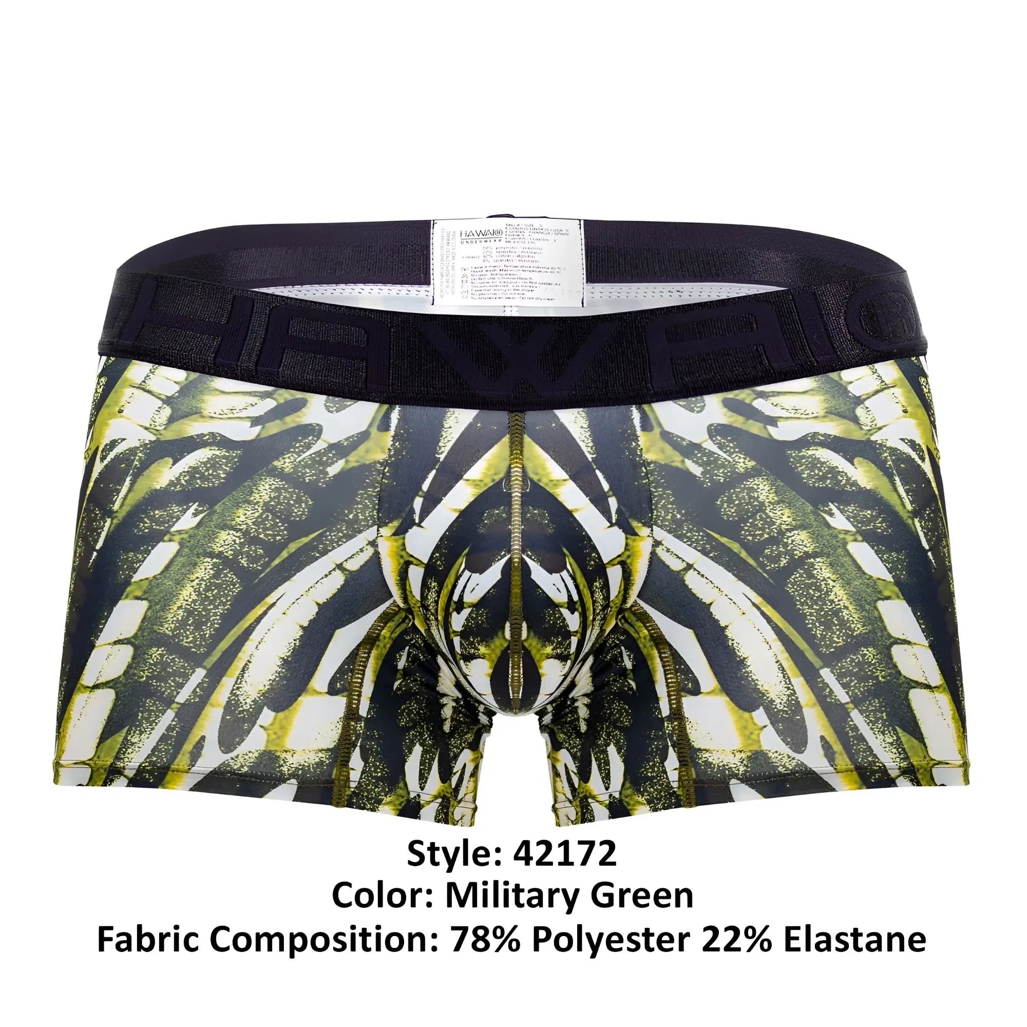Military green microfiber boxer briefs with a bold black and lime green wing graphic and central zipper detail hawai 42172
