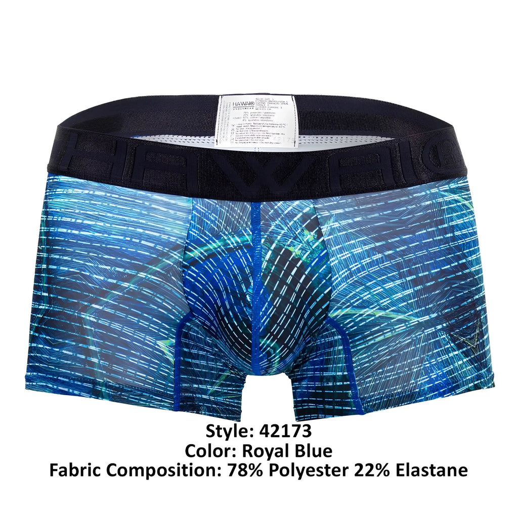 Royal blue printed microfiber trunks hawai 42173 featuring a digital circuit pattern and black elastic waistband