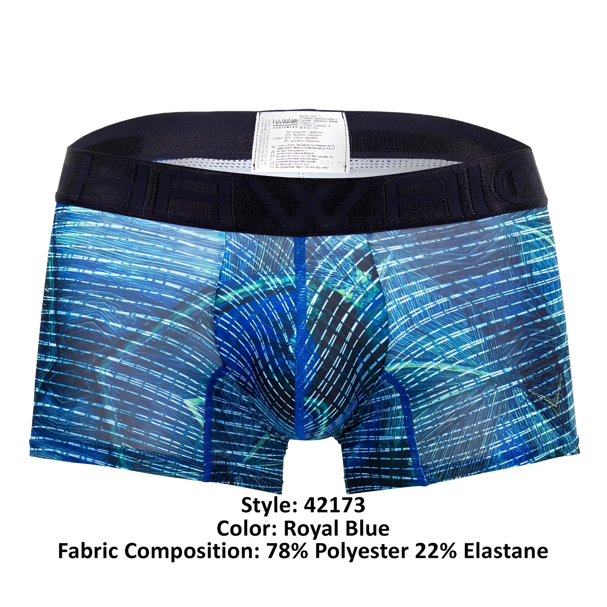 Royal blue printed microfiber trunks hawai 42173 featuring a digital circuit pattern and black elastic waistband