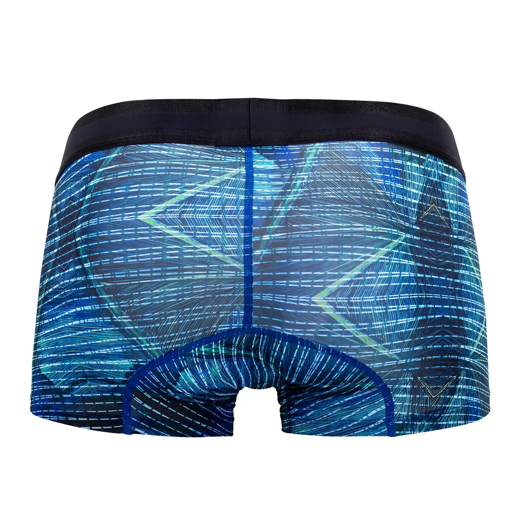 Blue patterned hawai 42173 printed microfiber trunks with black waistband and geometric design in royal blue color
