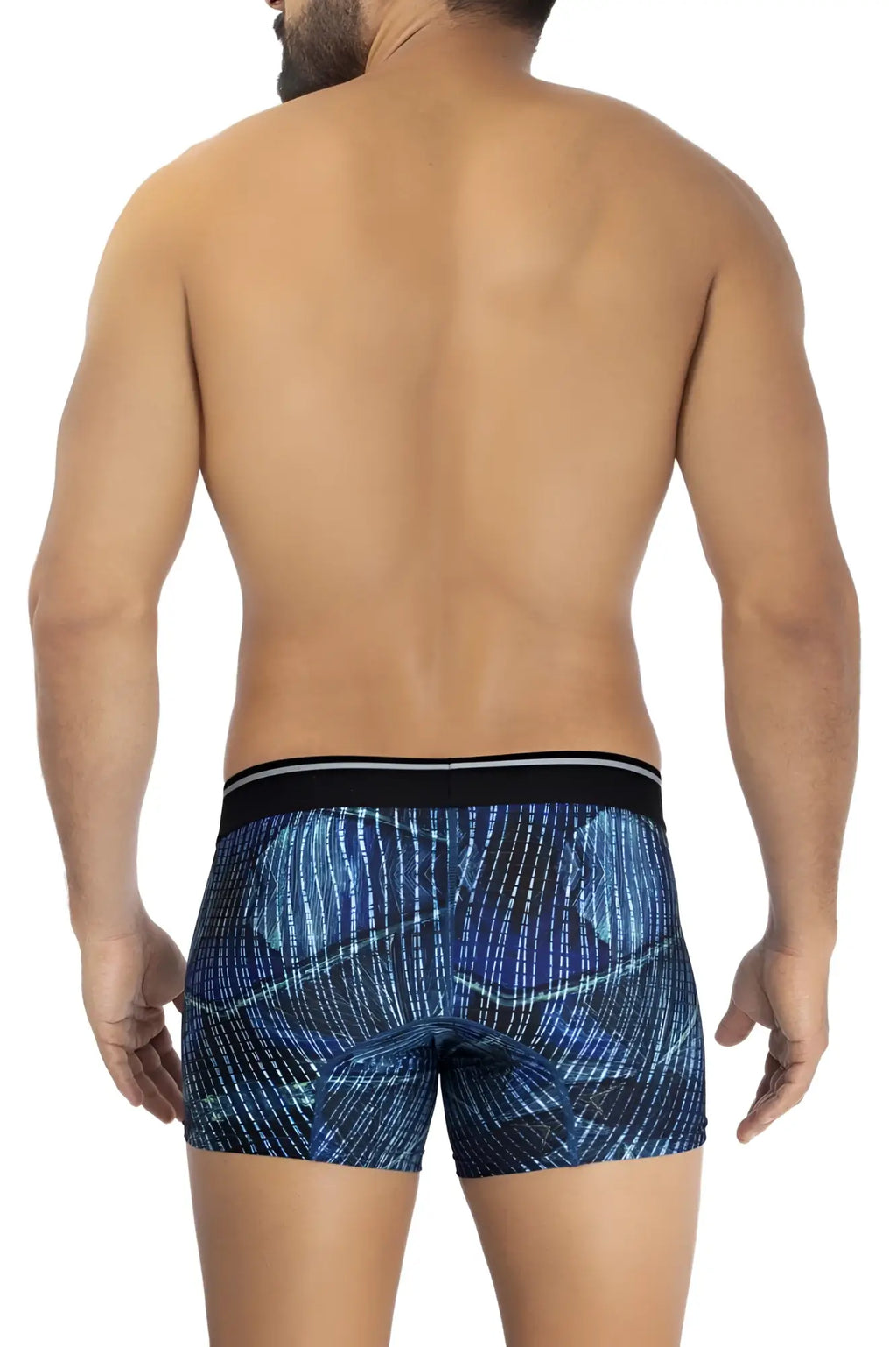 Blue patterned HAWAI 42173 printed microfiber trunks with black waistband and white stripes in royal blue color