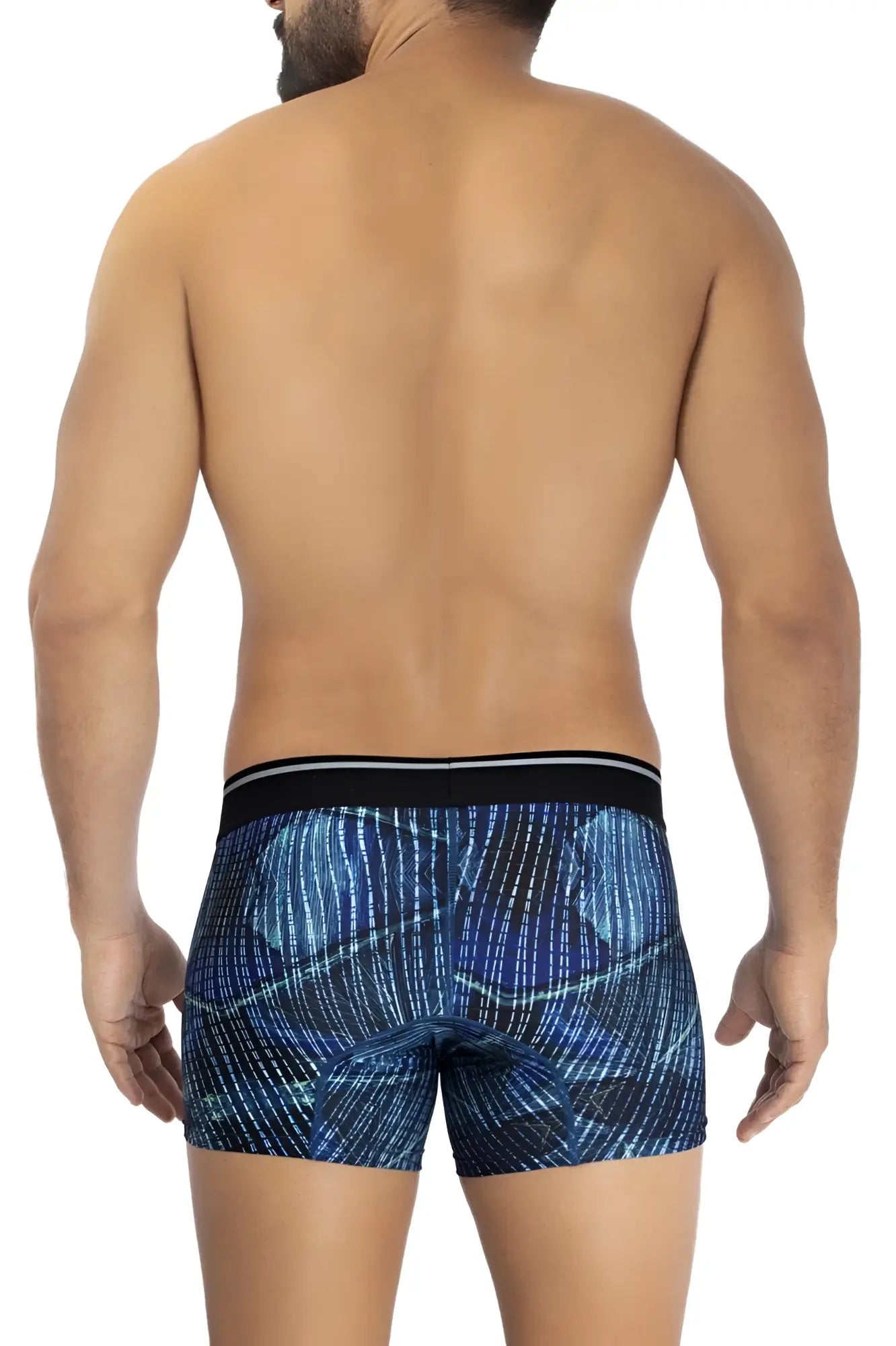 Blue patterned HAWAI 42173 printed microfiber trunks with black waistband and white stripes in royal blue color